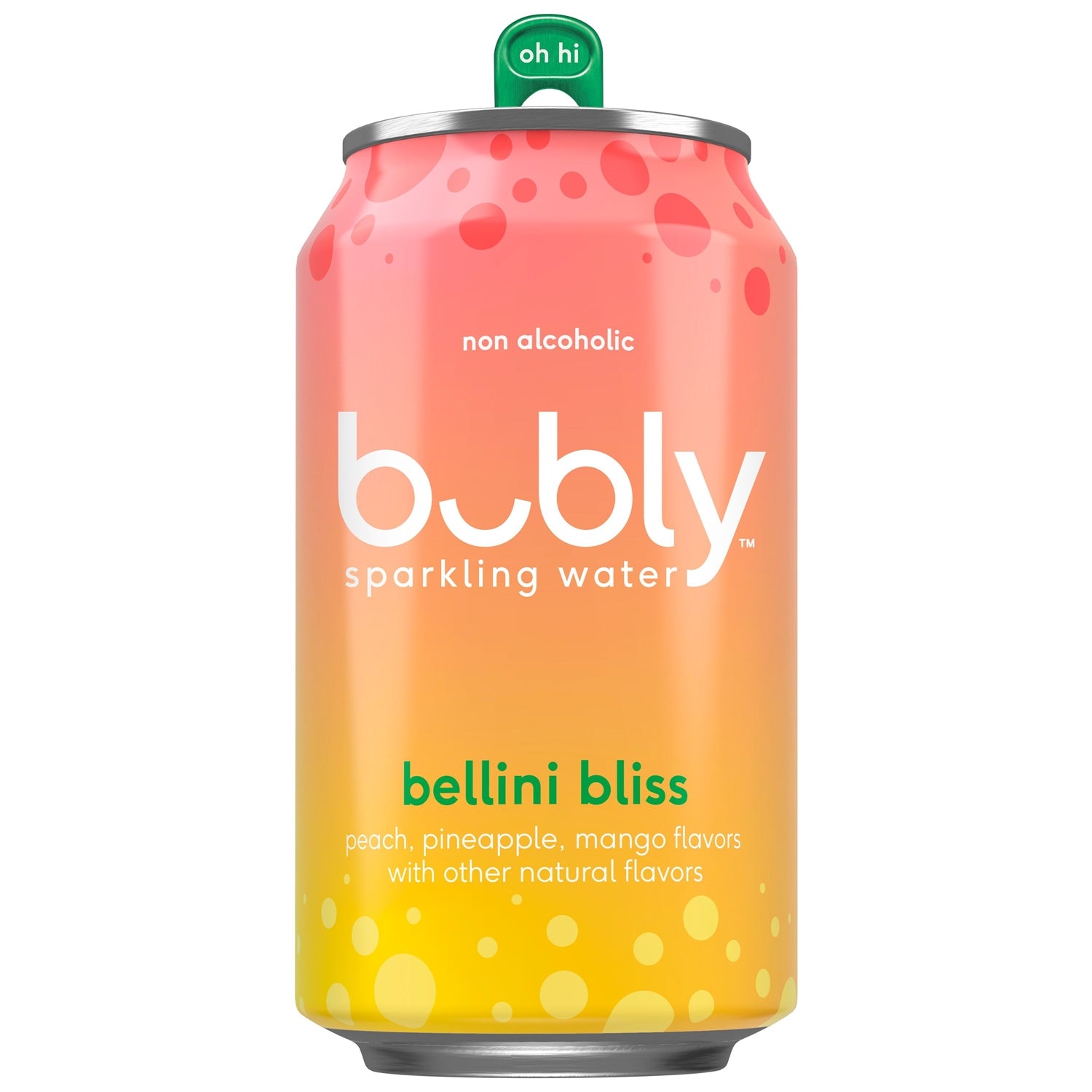 Bubly Peach Pineapple Mango Sparkling Water, 355mL single can, zero calorie, front view