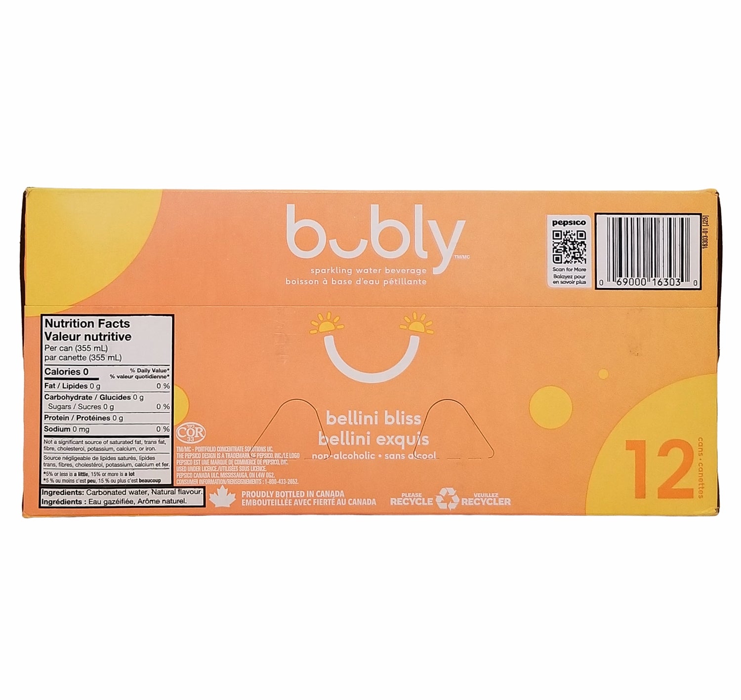 Bubly Peach Pineapple Mango Sparkling Water, 12x355mL cans, UPC barcode label