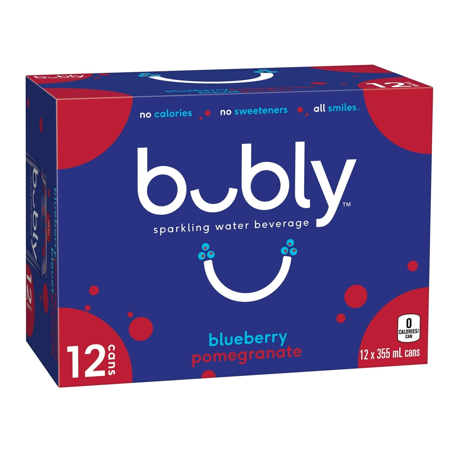 Bubly Blueberry Pomegranate Sparkling Water, 12x355mL cans, angled view