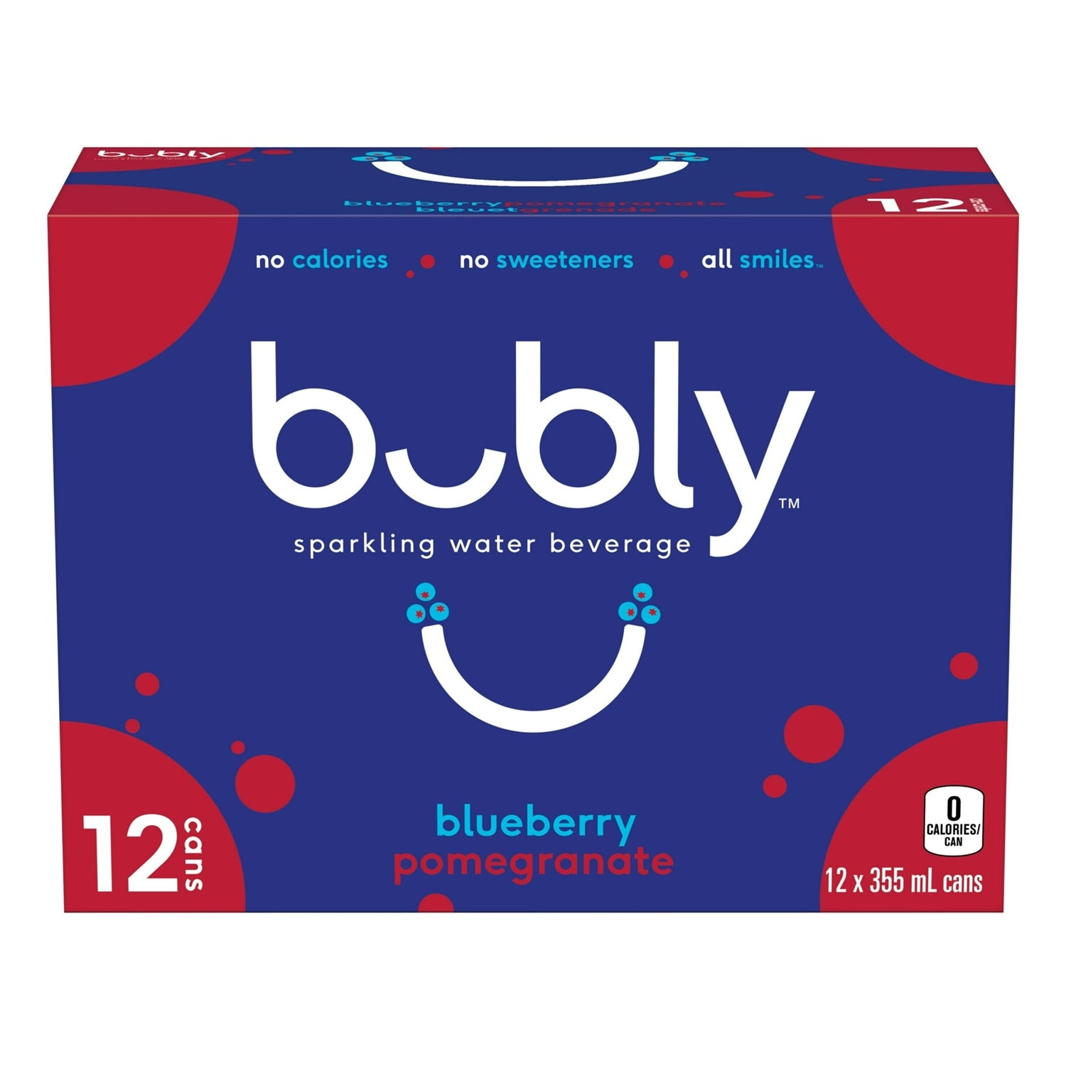 Bubly Blueberry Pomegranate Sparkling Water, 12x355mL cans, zero calorie, front of package