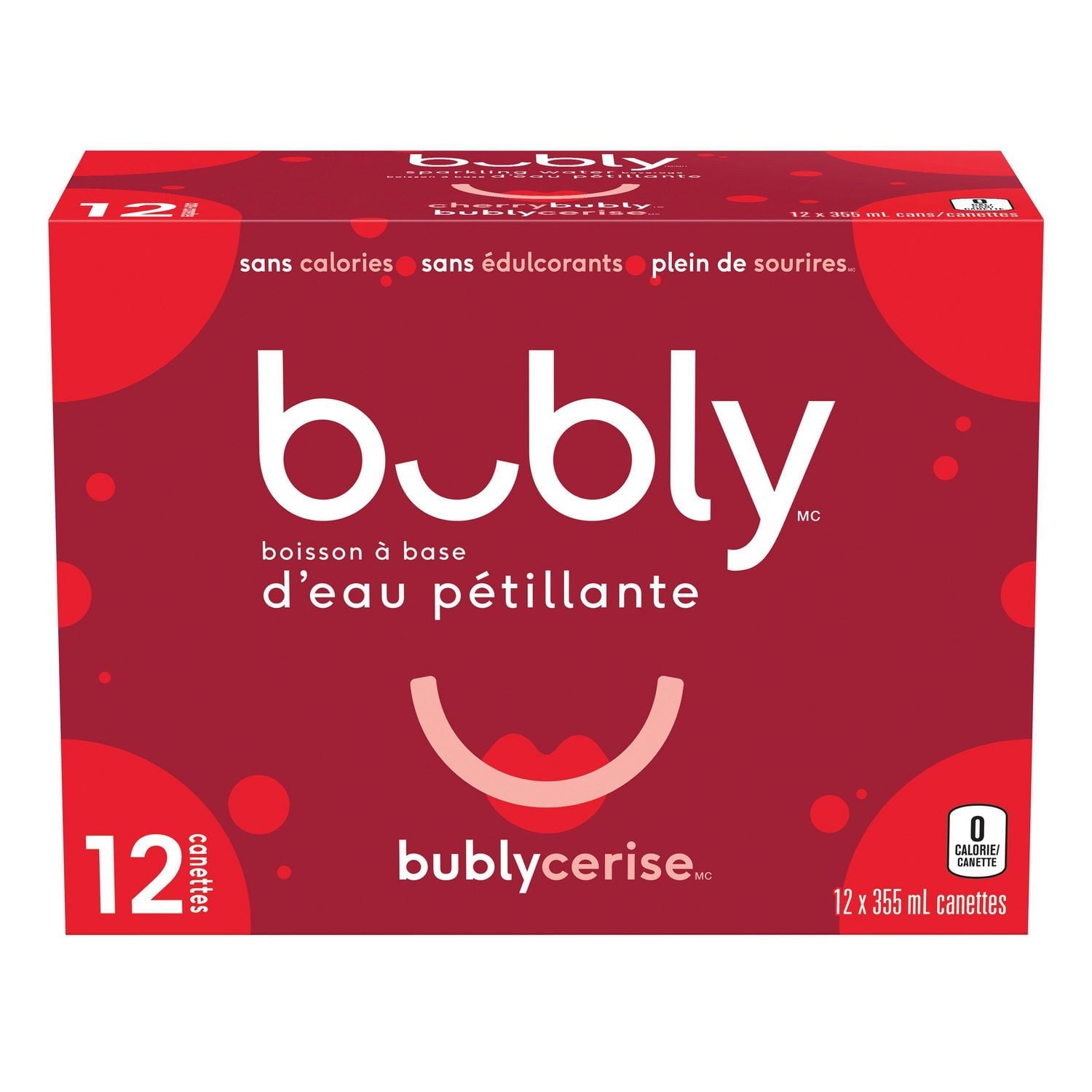 Bubly Cherry Sparkling Water, 12x355mL cans, back of package