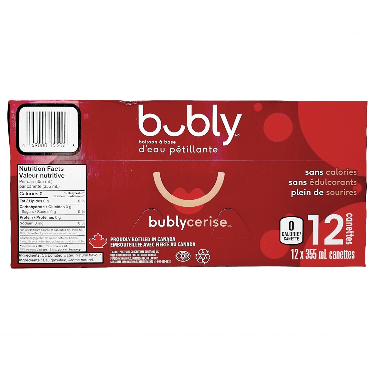 Bubly Cherry Sparkling Water, 12x355mL cans, UPC barcode label