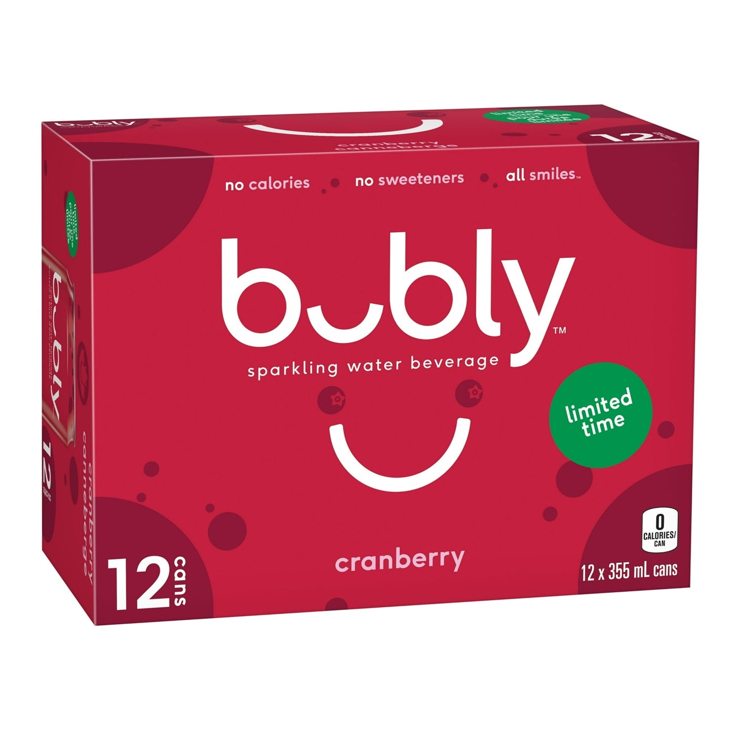 Bubly Cranberry Sparkling Water, 12x355mL cans, angled view