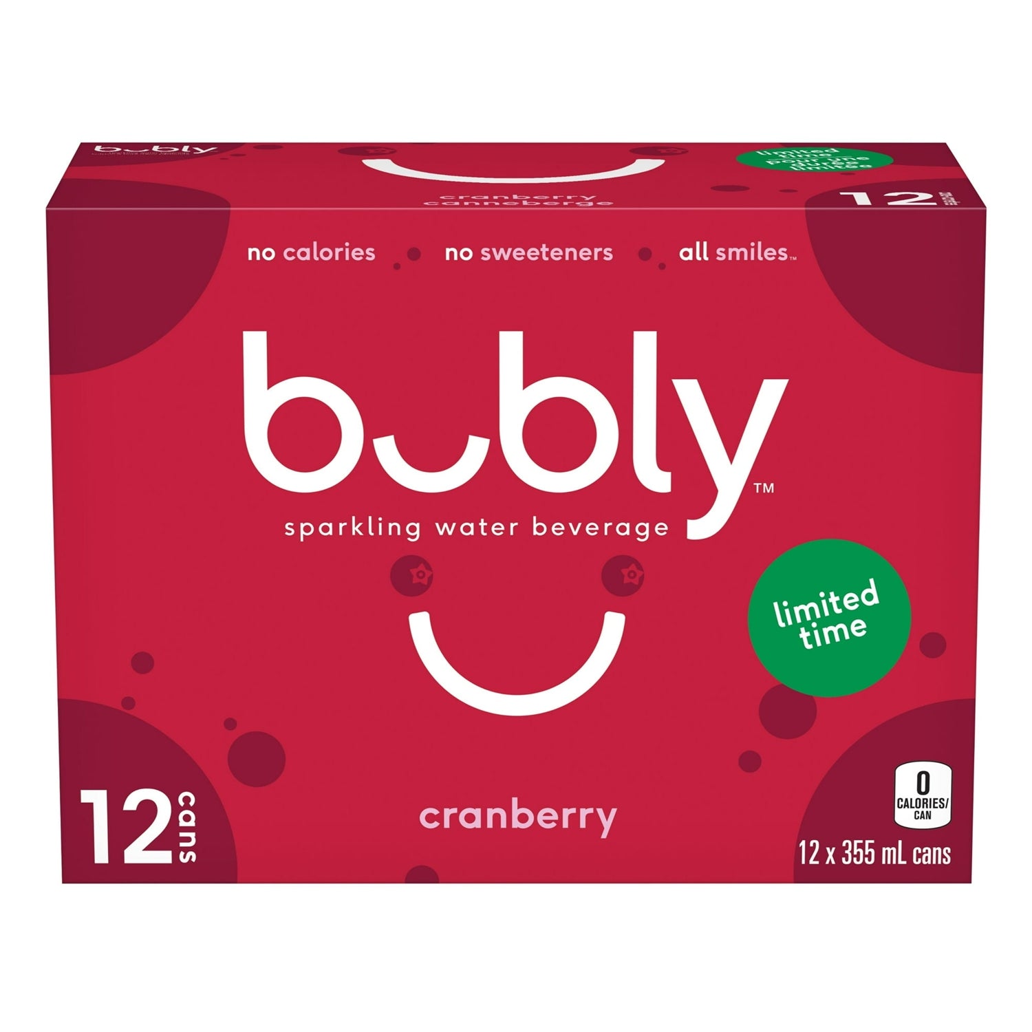 Bubly Cranberry Sparkling Water, 12x355mL cans, zero calorie, front of package
