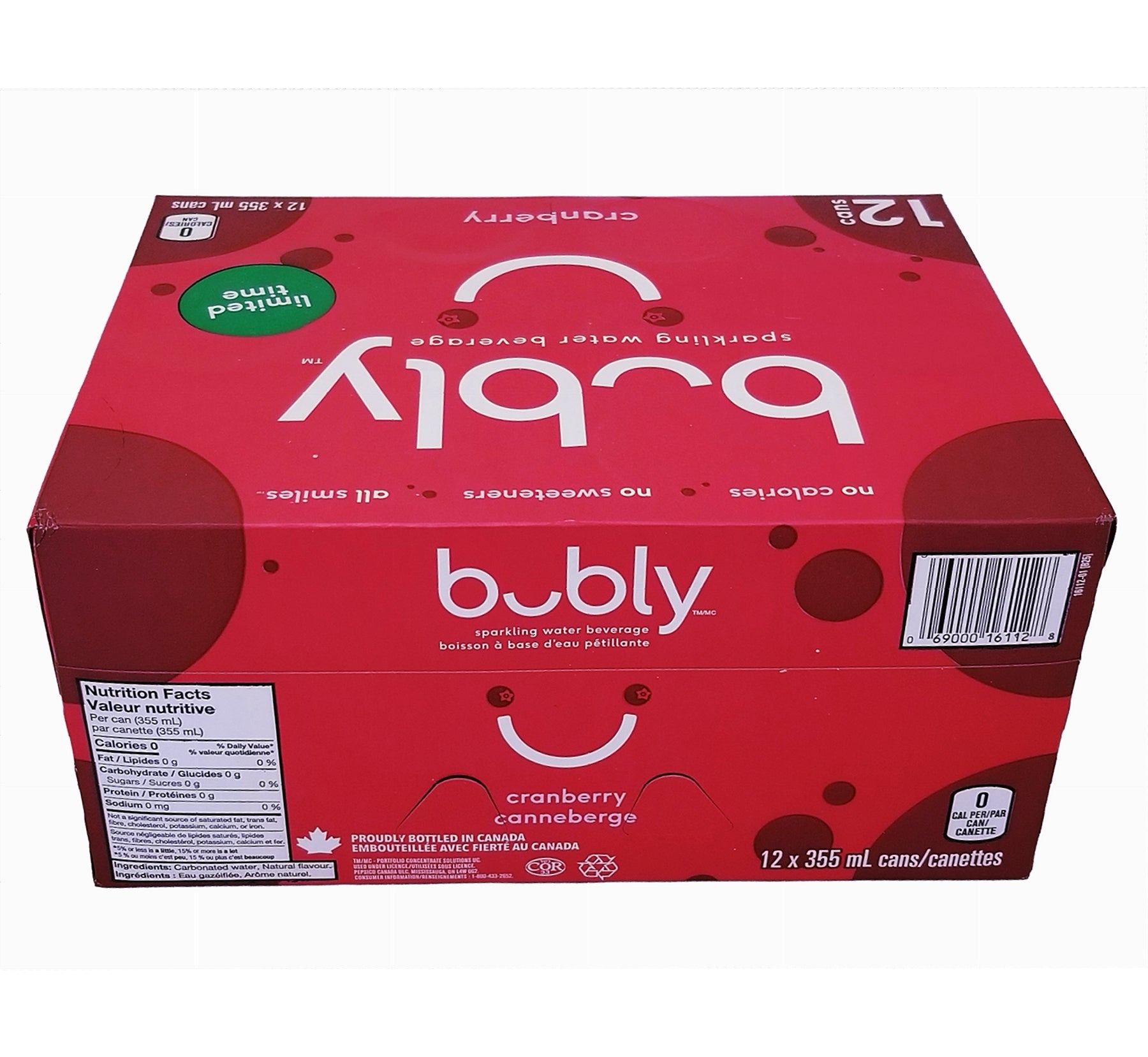 Bubly Cranberry Sparkling Water, 12x355mL cans, top-down view