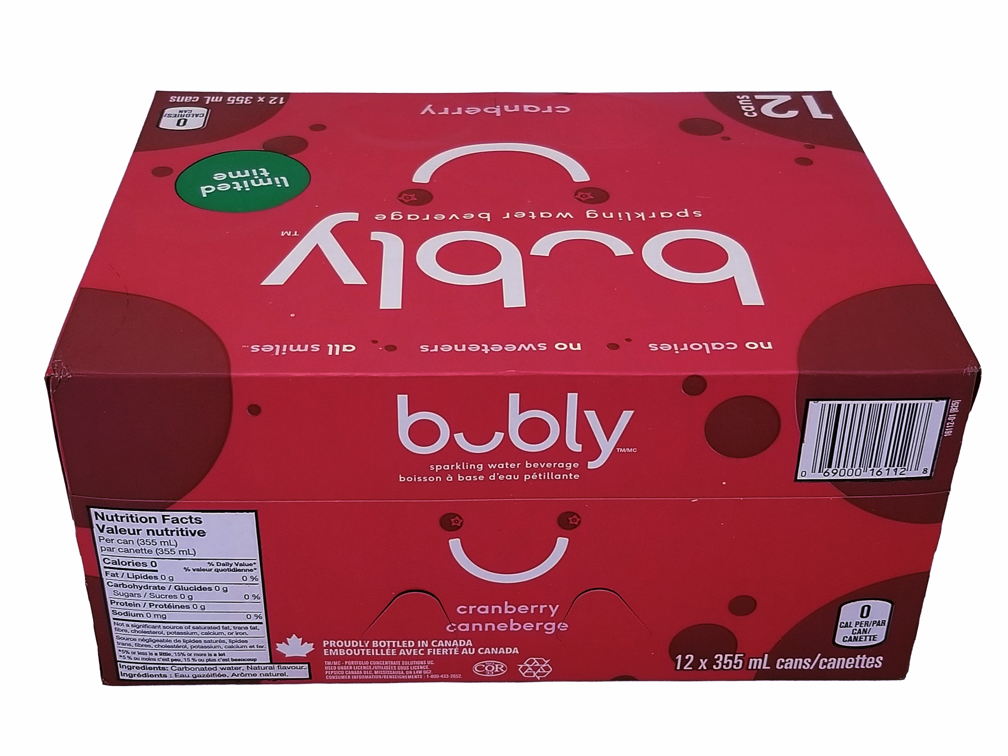 Box of bubbly cranberry sparkling water beverage on a white background