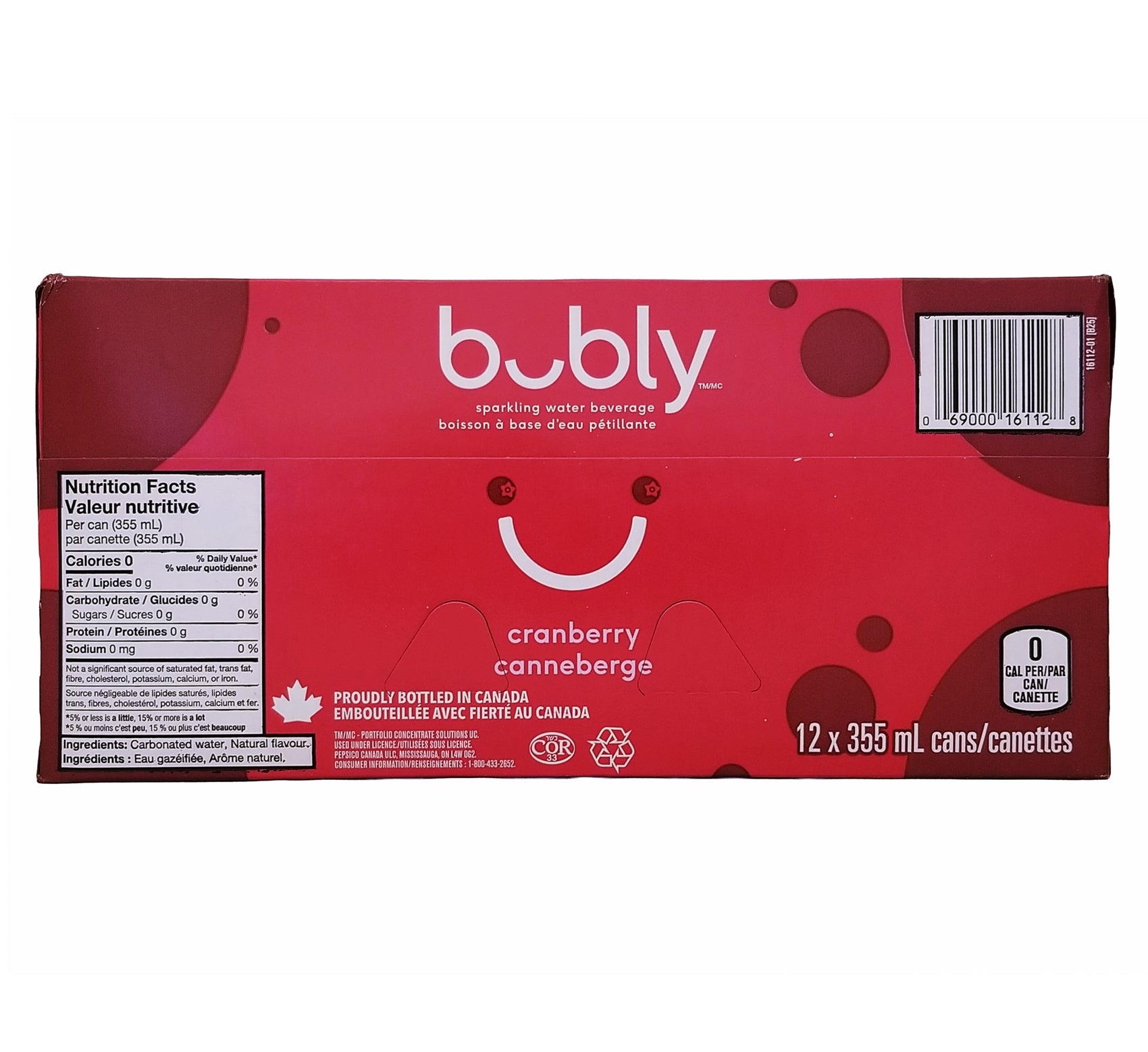 Bubly Cranberry Sparkling Water, 12x355mL cans, UPC barcode label