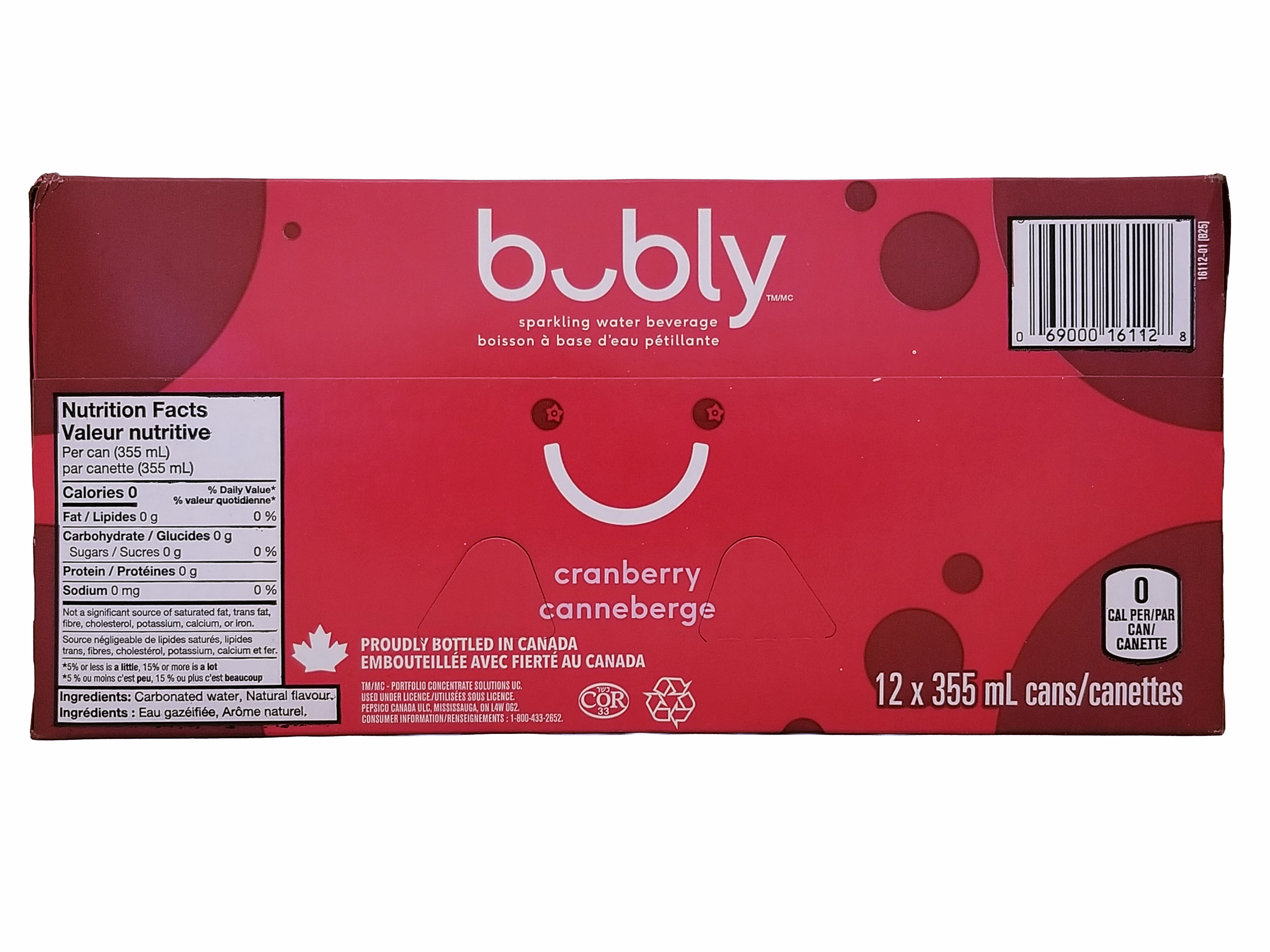 Box of bubly cranberry sparkling water beverage on a white background