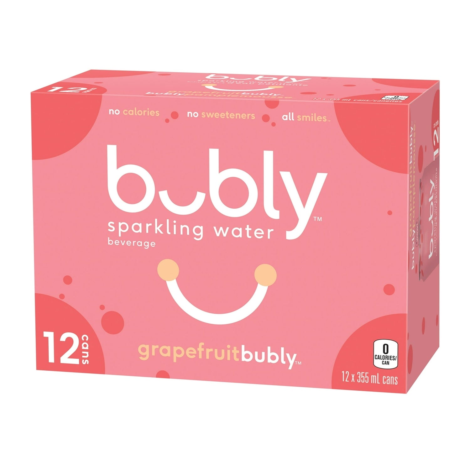 Bubly Grapefruit Sparkling Water, 12x355mL cans, alternate angled view