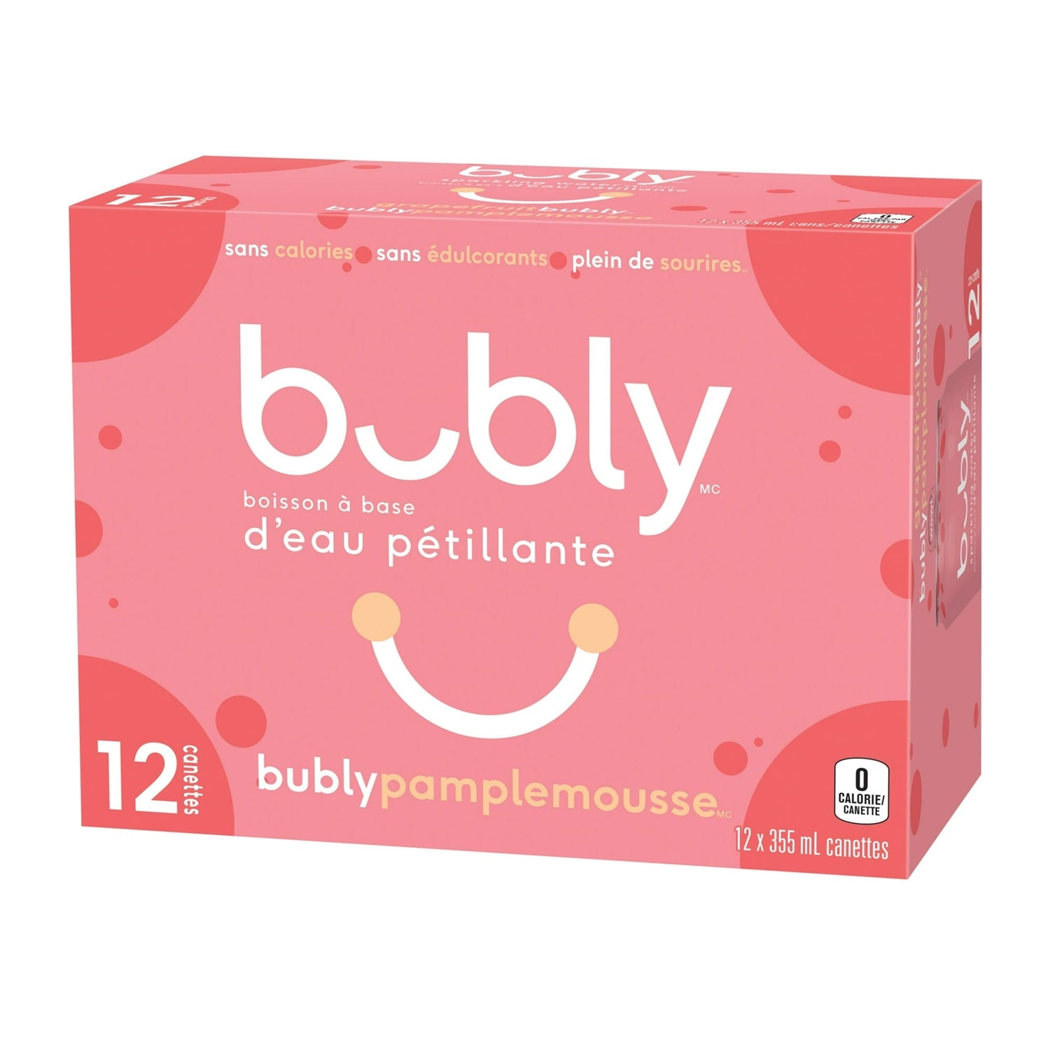 Bubly Grapefruit Sparkling Water, 12x355mL cans, alternate angled view, French packaging