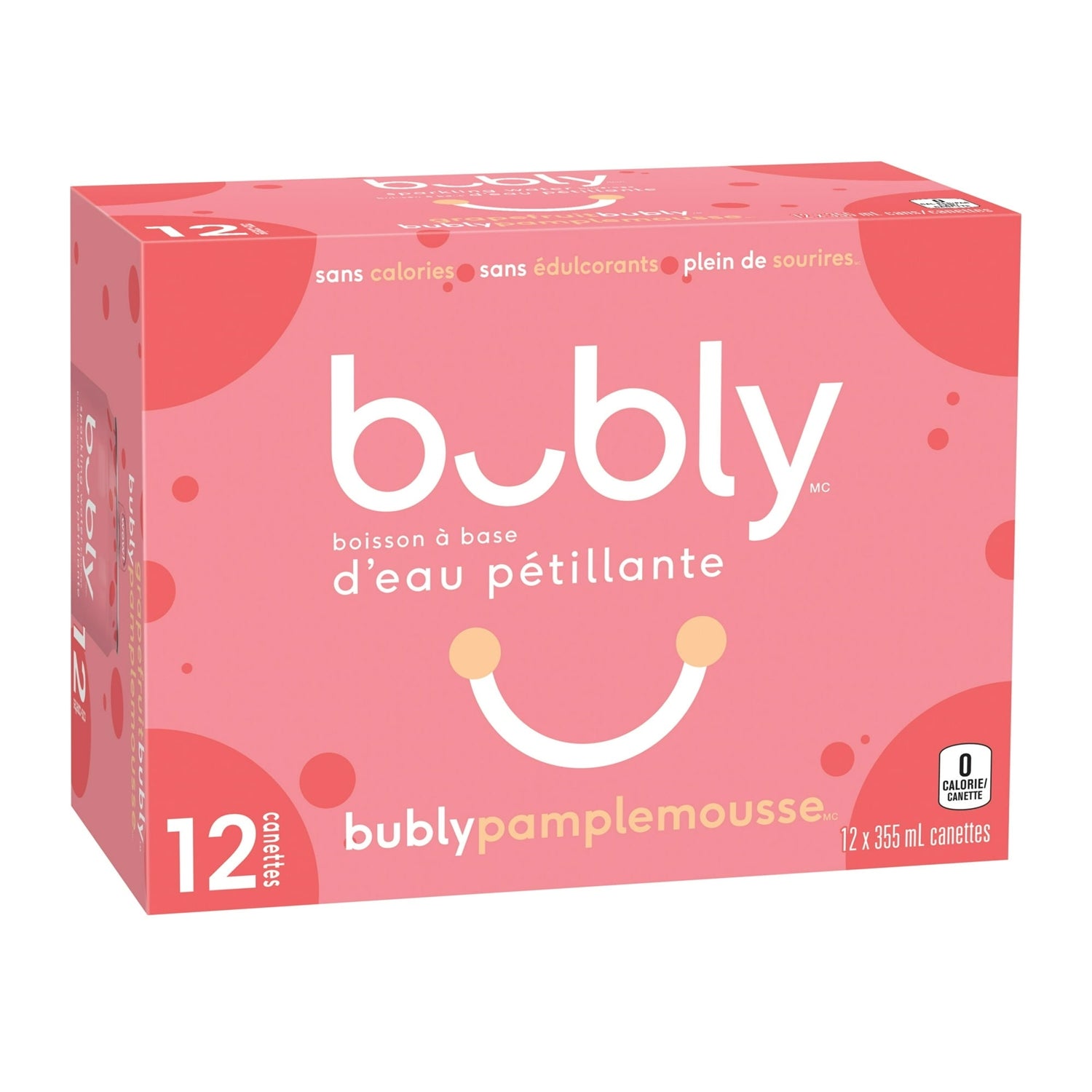 Bubly Grapefruit Sparkling Water, 12x355mL cans, angled view, French packaging