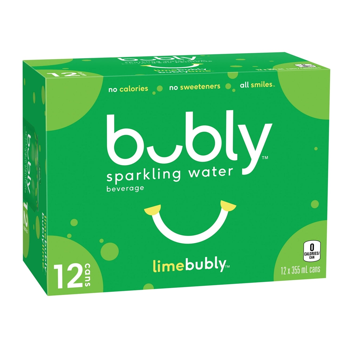 Bubly Lime Sparkling Water, 12x355mL cans, angled view