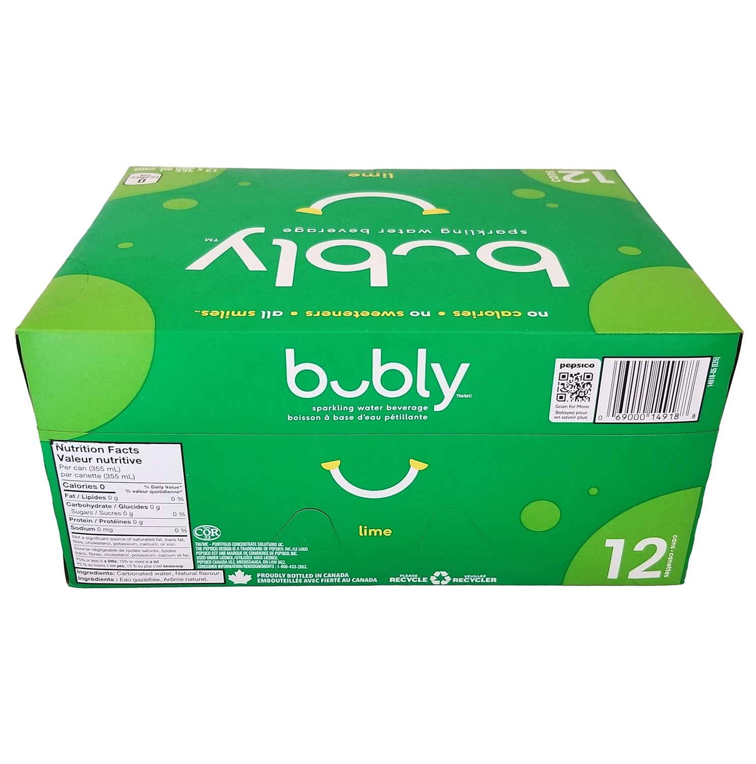 Bubly Lime Sparkling Water, 12x355mL cans, UPC barcode label