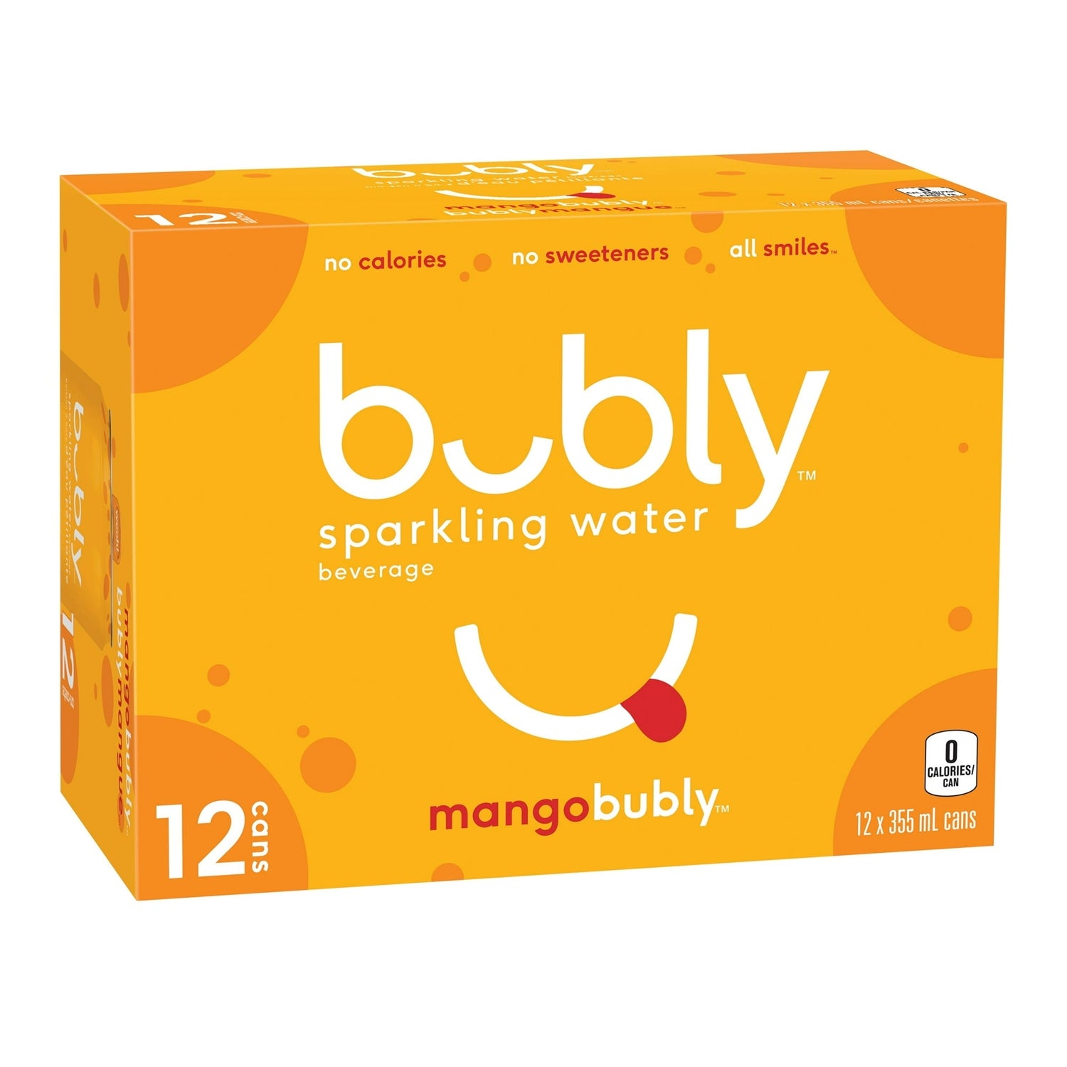 Bubly Mango Sparkling Water, 12x355mL cans, angled view