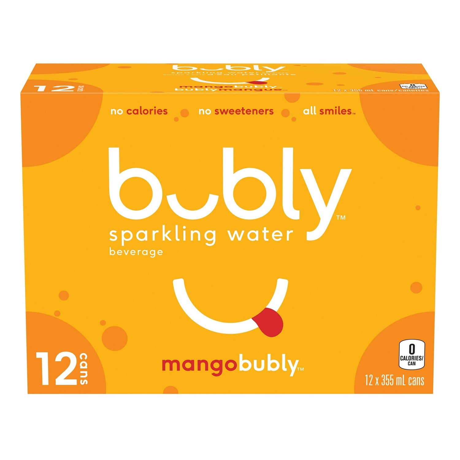 Bubly Mango Sparkling Water, 12x355mL cans, zero calorie, front of package
