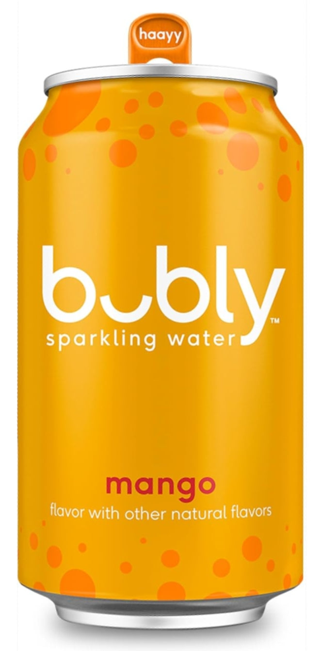 Orange can of bubbly sparkling water with 'mango' flavor on a white background
