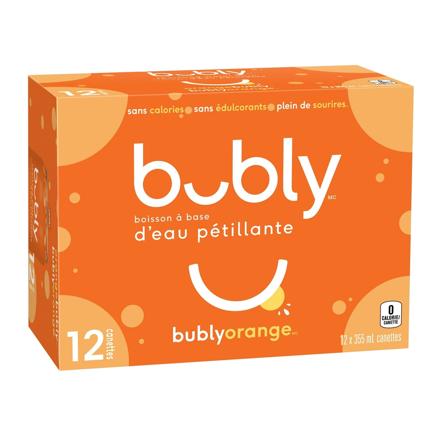 Bubly Orange Sparkling Water, 12x355mL cans, angled view, French packaging