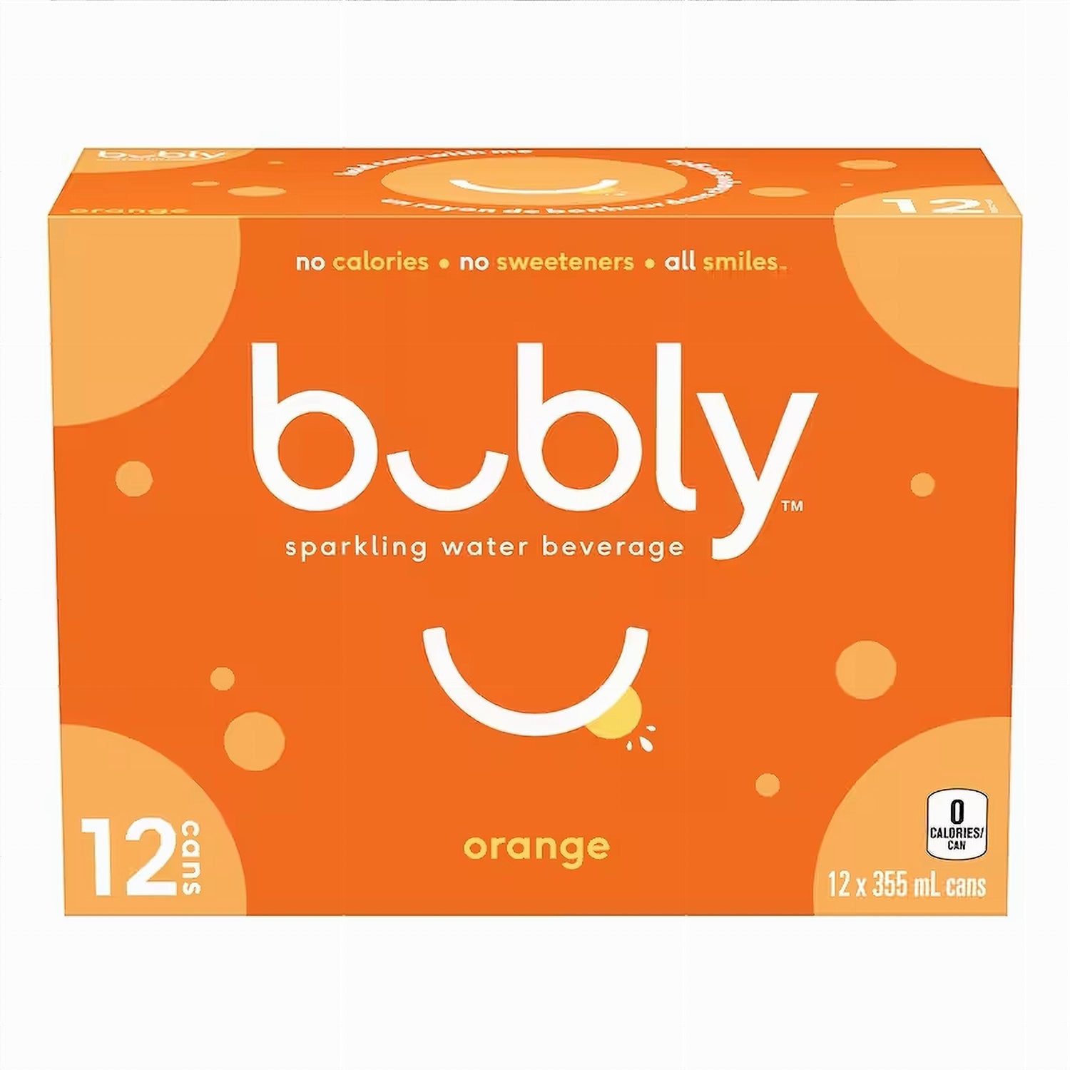 Bubly Orange Sparkling Water, 12x355mL cans, zero calorie, front of package
