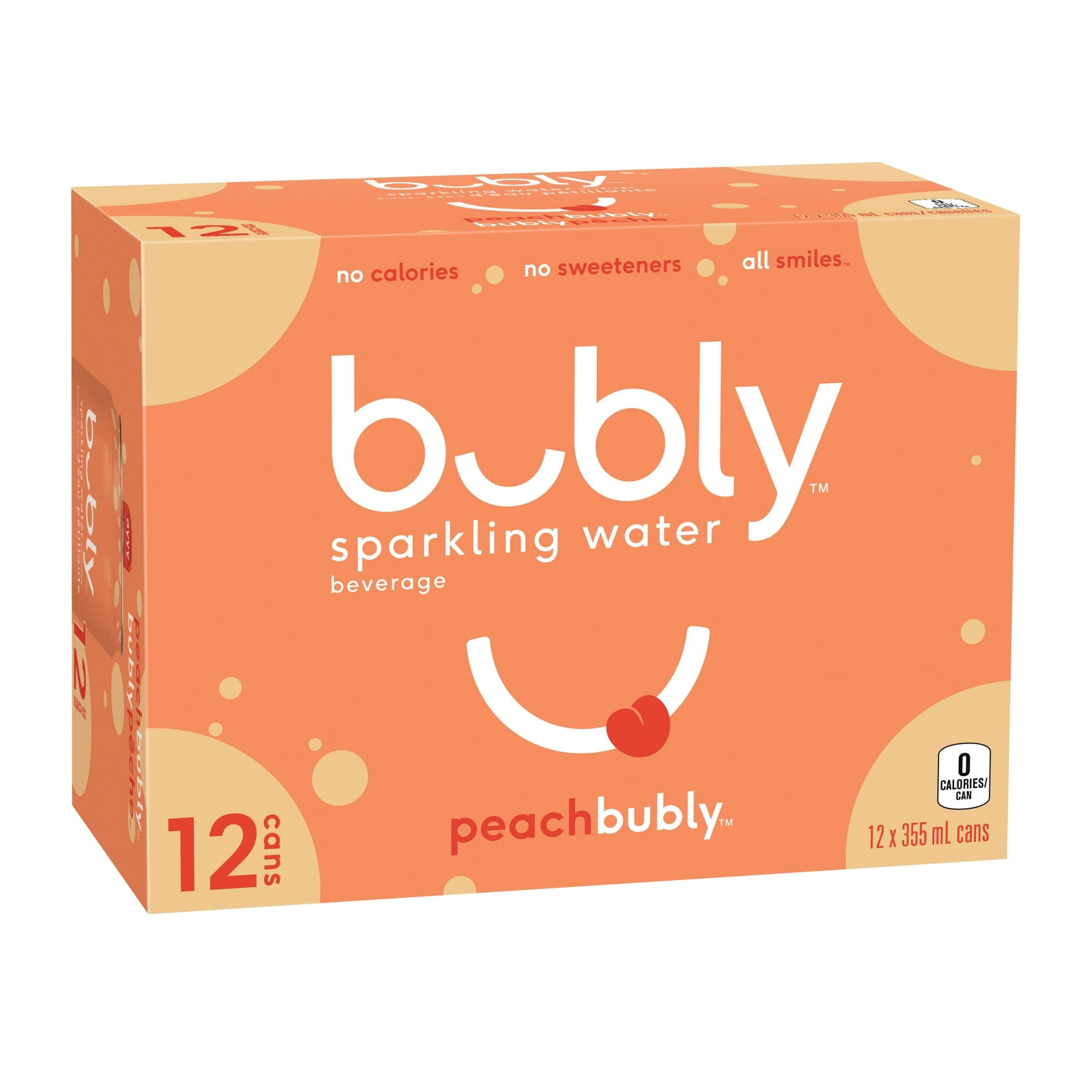 Bubly Peach Sparkling Water, 12x355mL cans, angled view