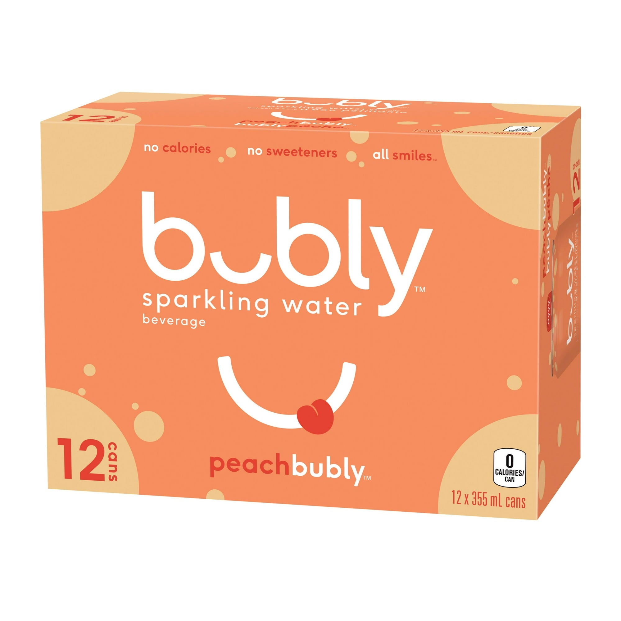 Bubly Peach Sparkling Water, 12x355mL cans, alternate angled view