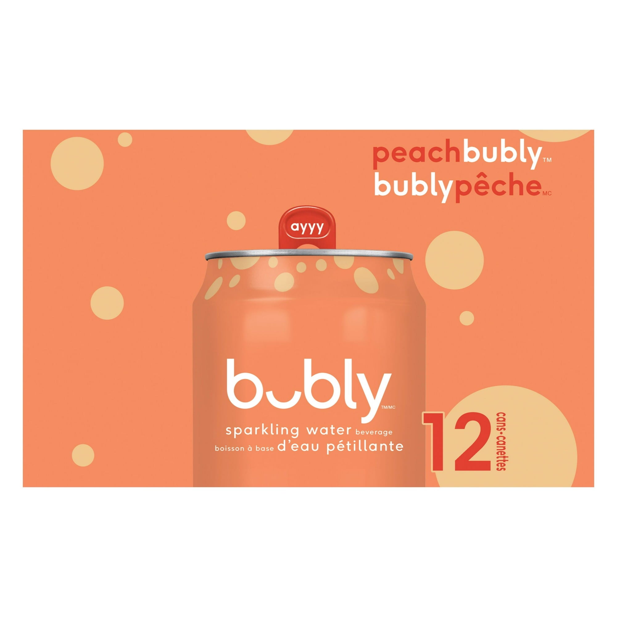Bubly Peach Sparkling Water, 12x355mL cans, side of package