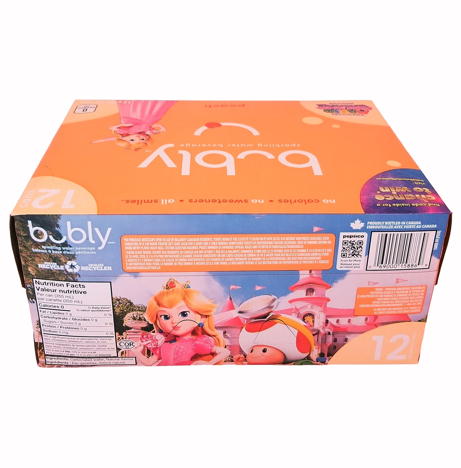 Bubly Peach Sparkling Water, 12x355mL cans, UPC barcode label