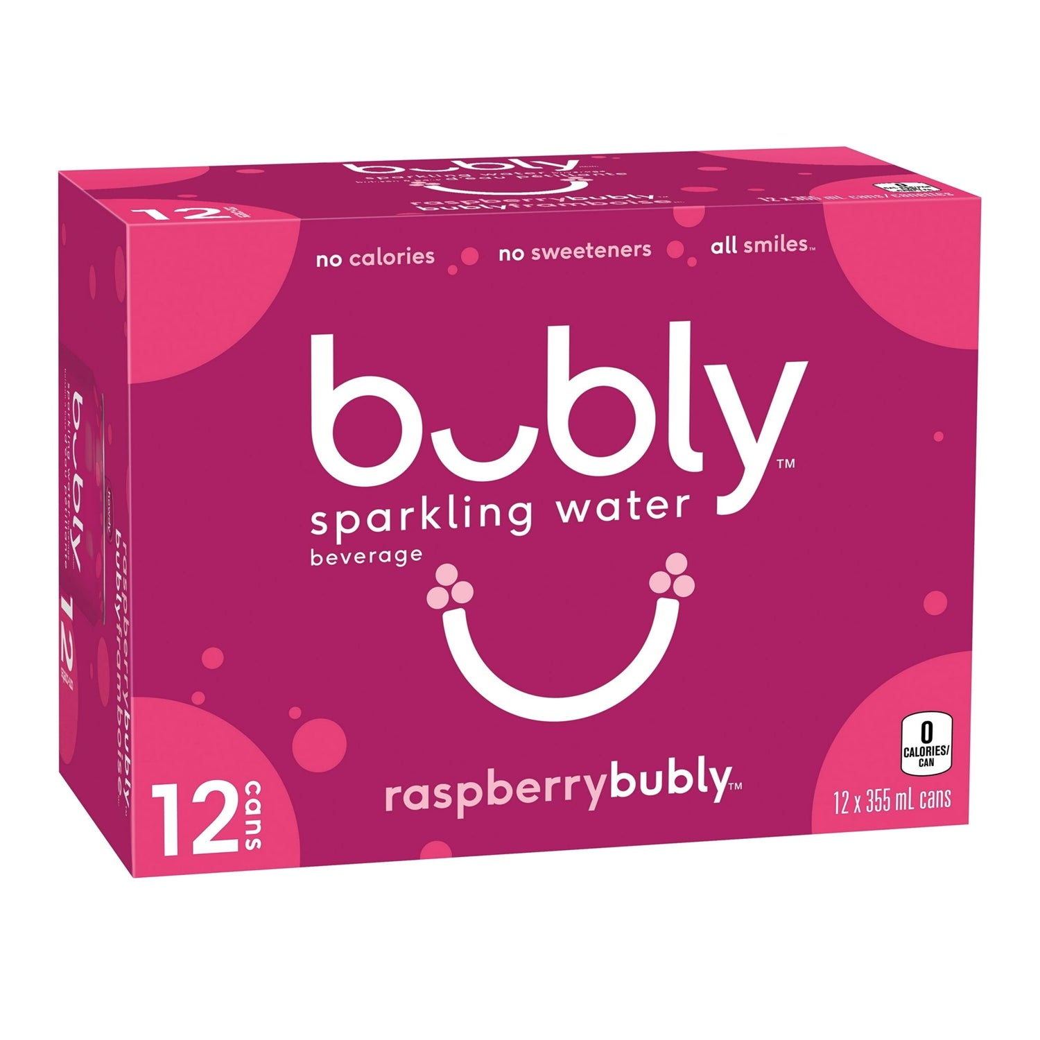 Bubly Raspberry Sparkling Water, 12x355mL cans, angled view
