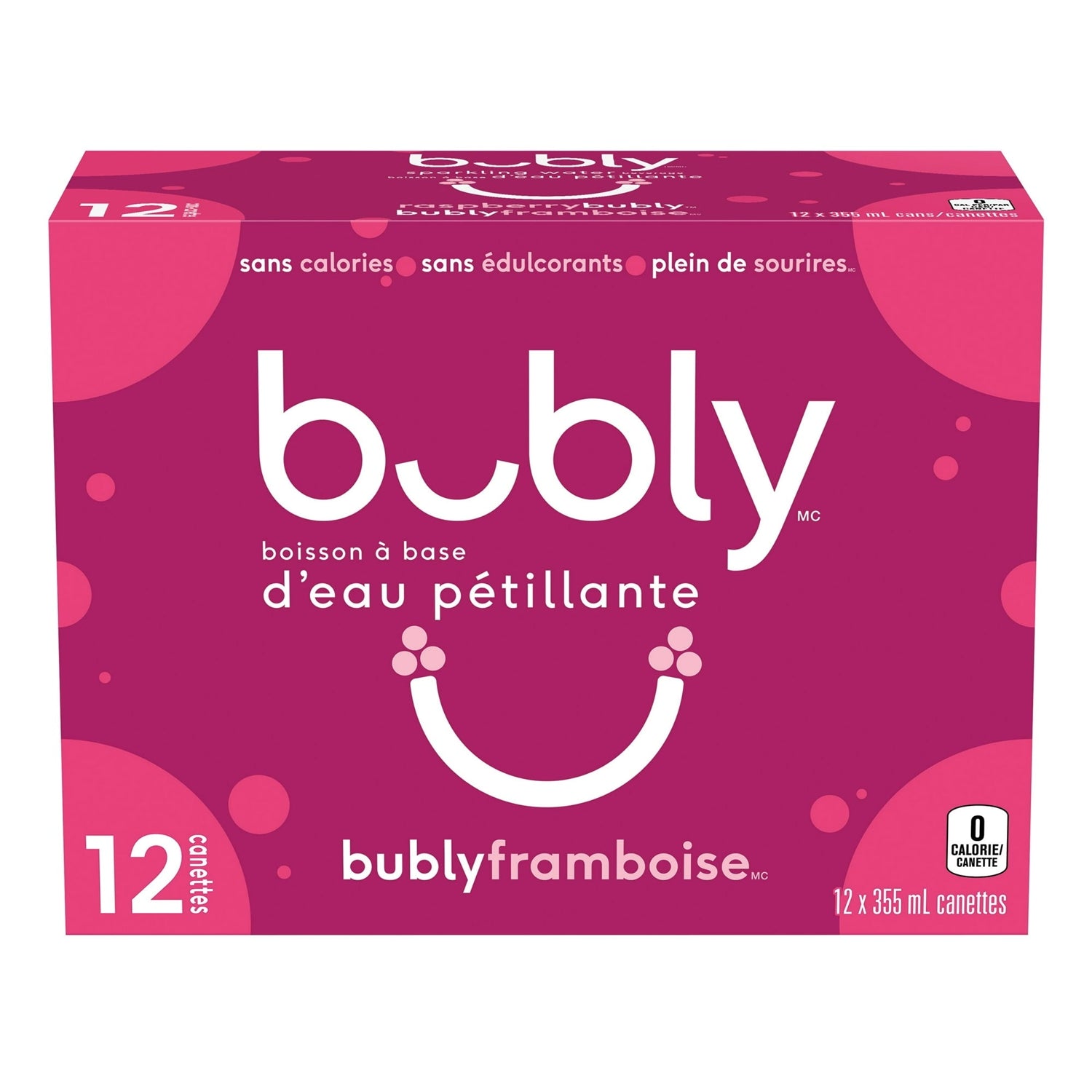 Bubly Raspberry Sparkling Water, 12x355mL cans, back of package