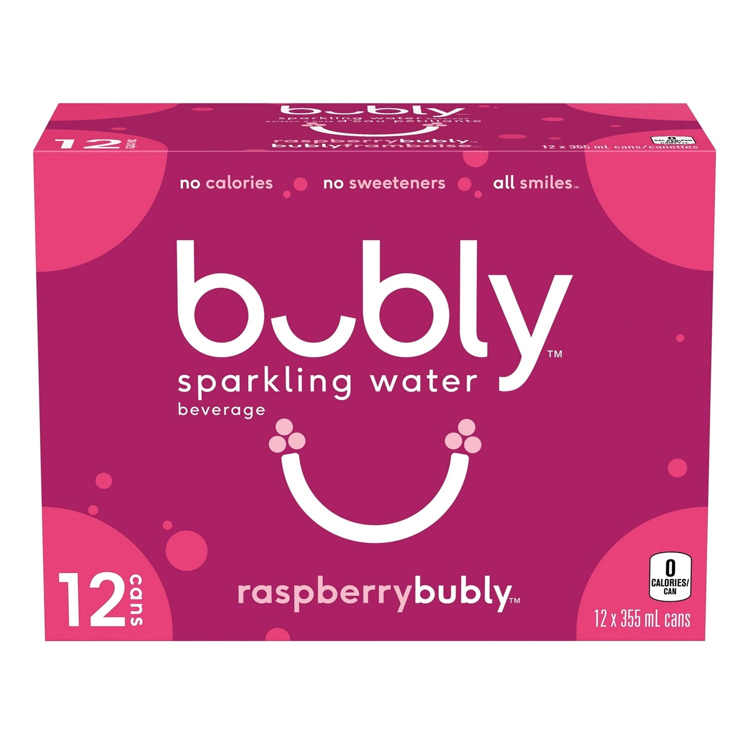 Bubly Raspberry Sparkling Water, 12x355mL cans, zero calorie, front of package