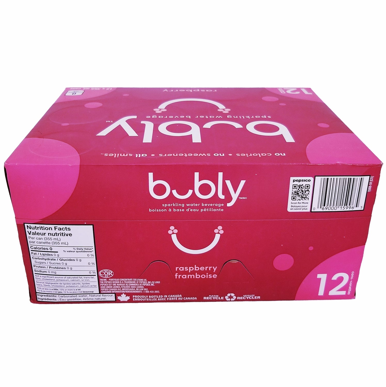 Bubly Raspberry Sparkling Water, 12x355mL cans, upc barcode