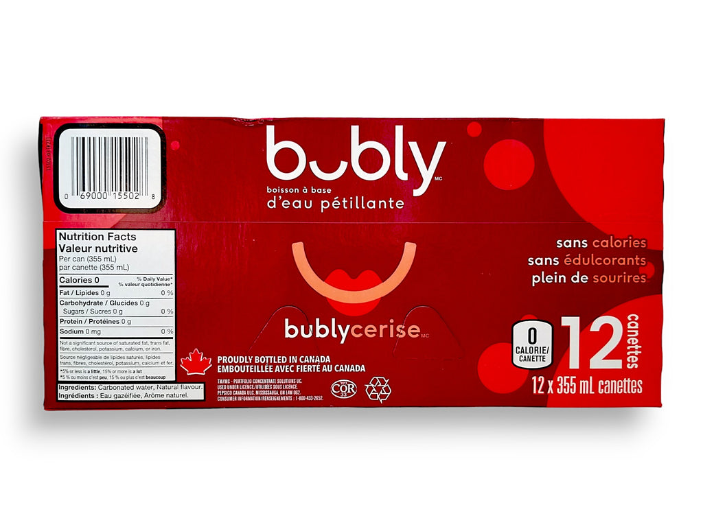 Bubly Cherry Sparkling Water Beverage, 12x355ml cans, 4.26L/144 oz., side of package.