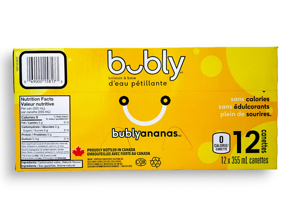 Bubly Pineapple Sparkling Water Beverage, 12x355ml cans, 4.26L/144 oz., side of package.