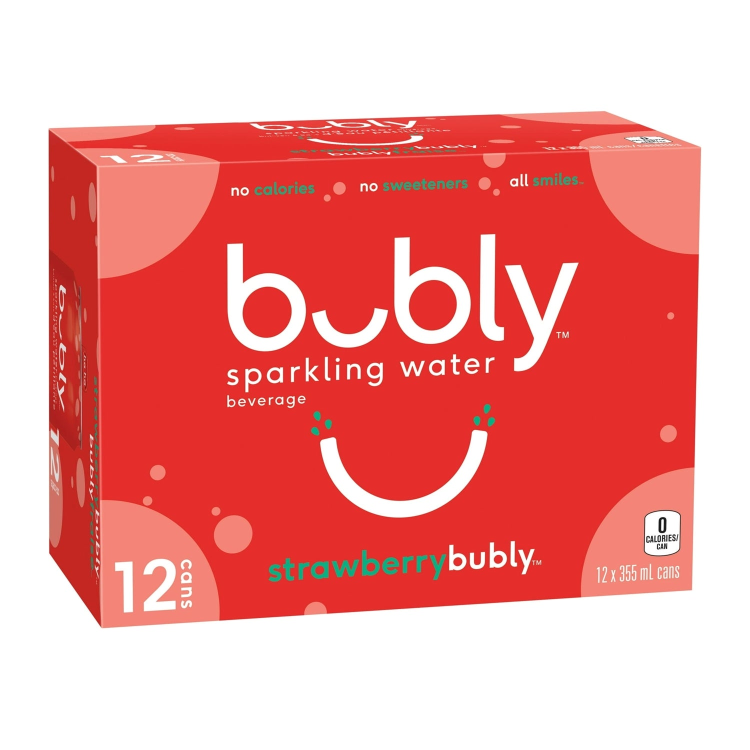 Bubly Strawberry Sparkling Water, 12x355mL cans, angled view