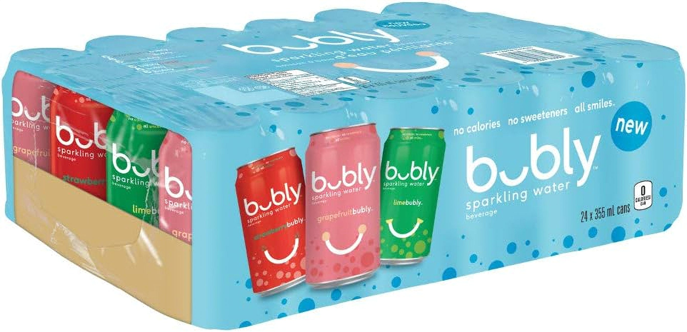Bubly Sparkling Water Variety Pack, grapefruit, raspberry, lime 24x355ml/8.52kg - Front of Bubly sparkling water cans with a blue background