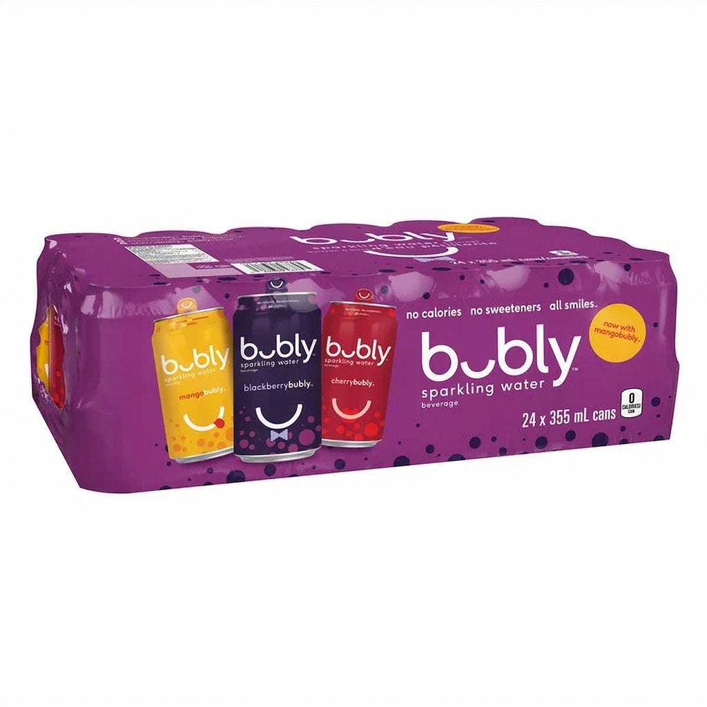 Bubly Sparkling Water Variety Pack, Mango, Blackberry, Cherry 24x355ml on a white background
