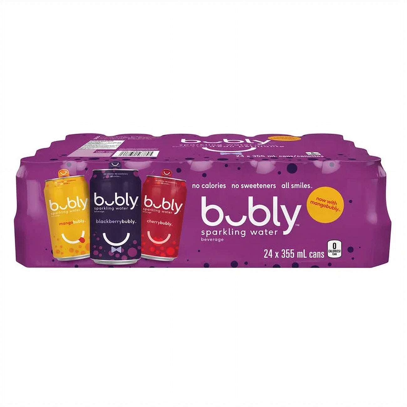 Bubly Sparkling Water Variety Pack, Mango, Blackberry, Cherry 24x355ml on a white background