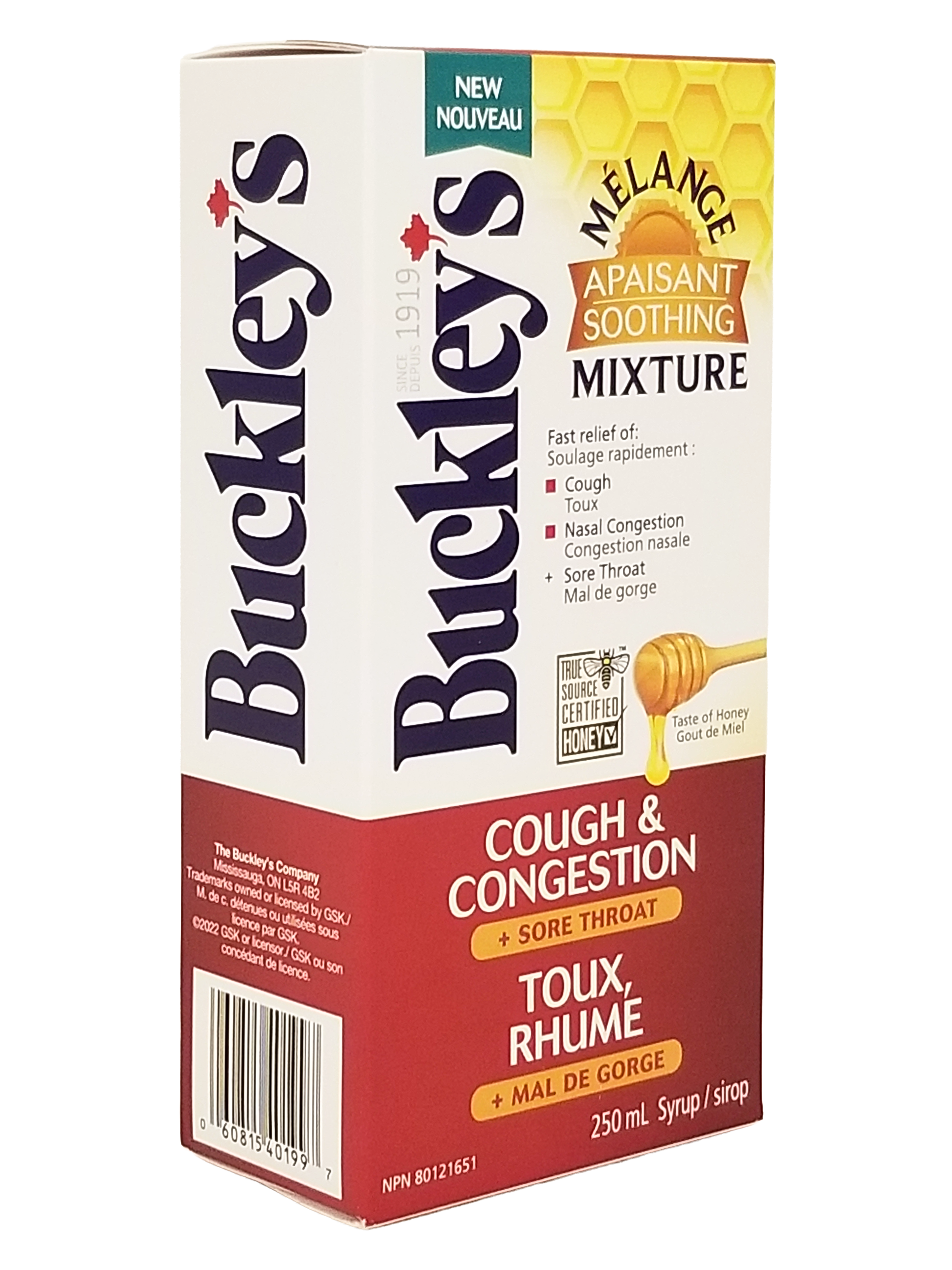 Box of Buckley's Cough & Congestion + Sore Throat Syrup, Soothing Mixture With Honey - 250mL on a white background