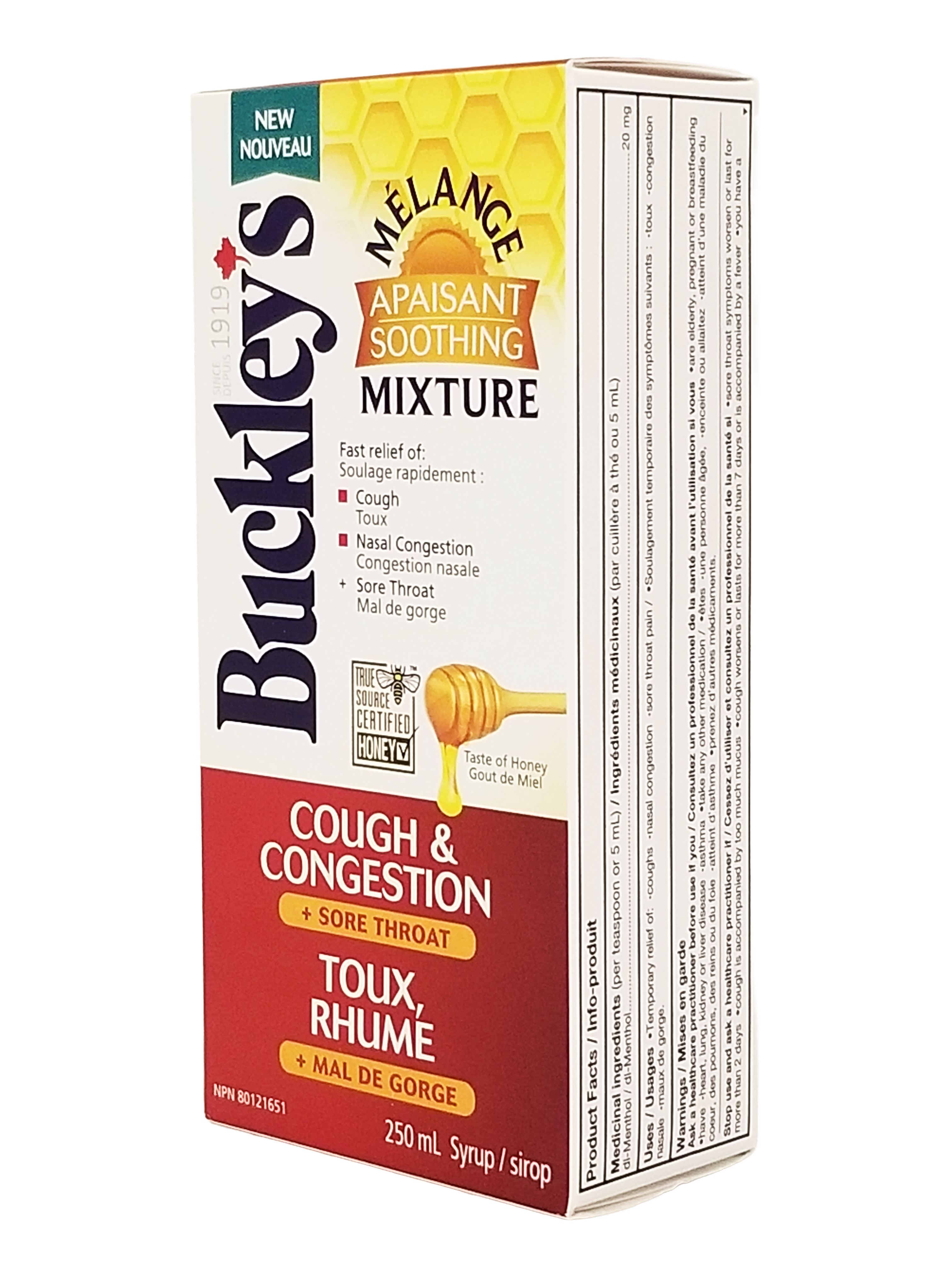 Box of Buckley's Cough & Congestion + Sore Throat Syrup, Soothing Mixture With Honey - 250mL on a white background
