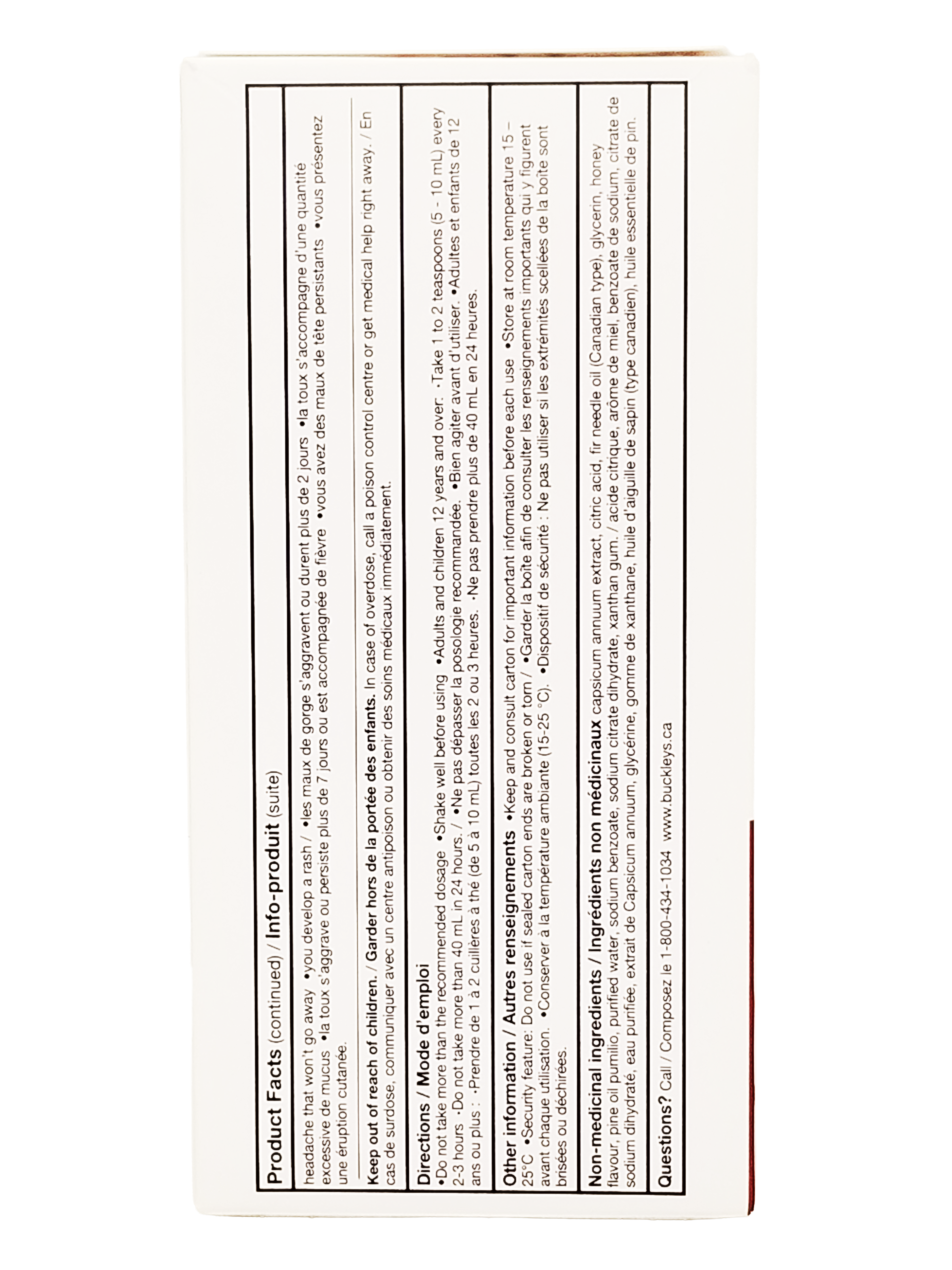 Back of Buckley's Cough & Congestion + Sore Throat Syrup, Soothing Mixture With Honey - 250mL packaging with text and a red border on a white background