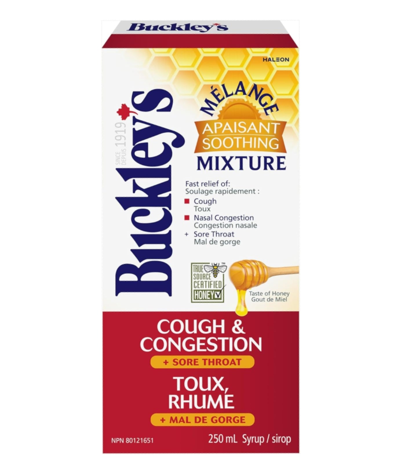 Buckley's Cough & Congestion + Sore Throat Syrup, Soothing Mixture With Honey - 250mL on a white background