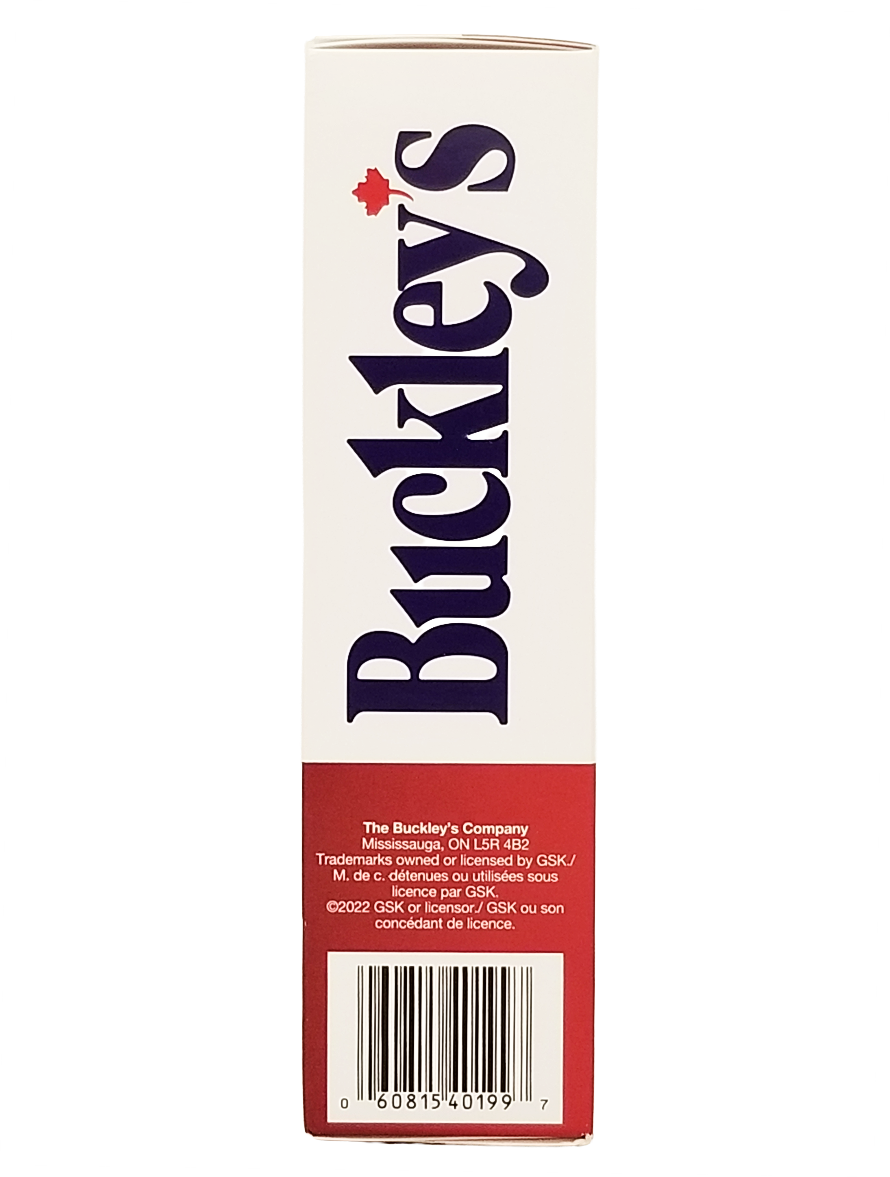 Side of Buckley's Cough & Congestion + Sore Throat Syrup, Soothing Mixture With Honey - 250mL packaging with brand name on a white background
