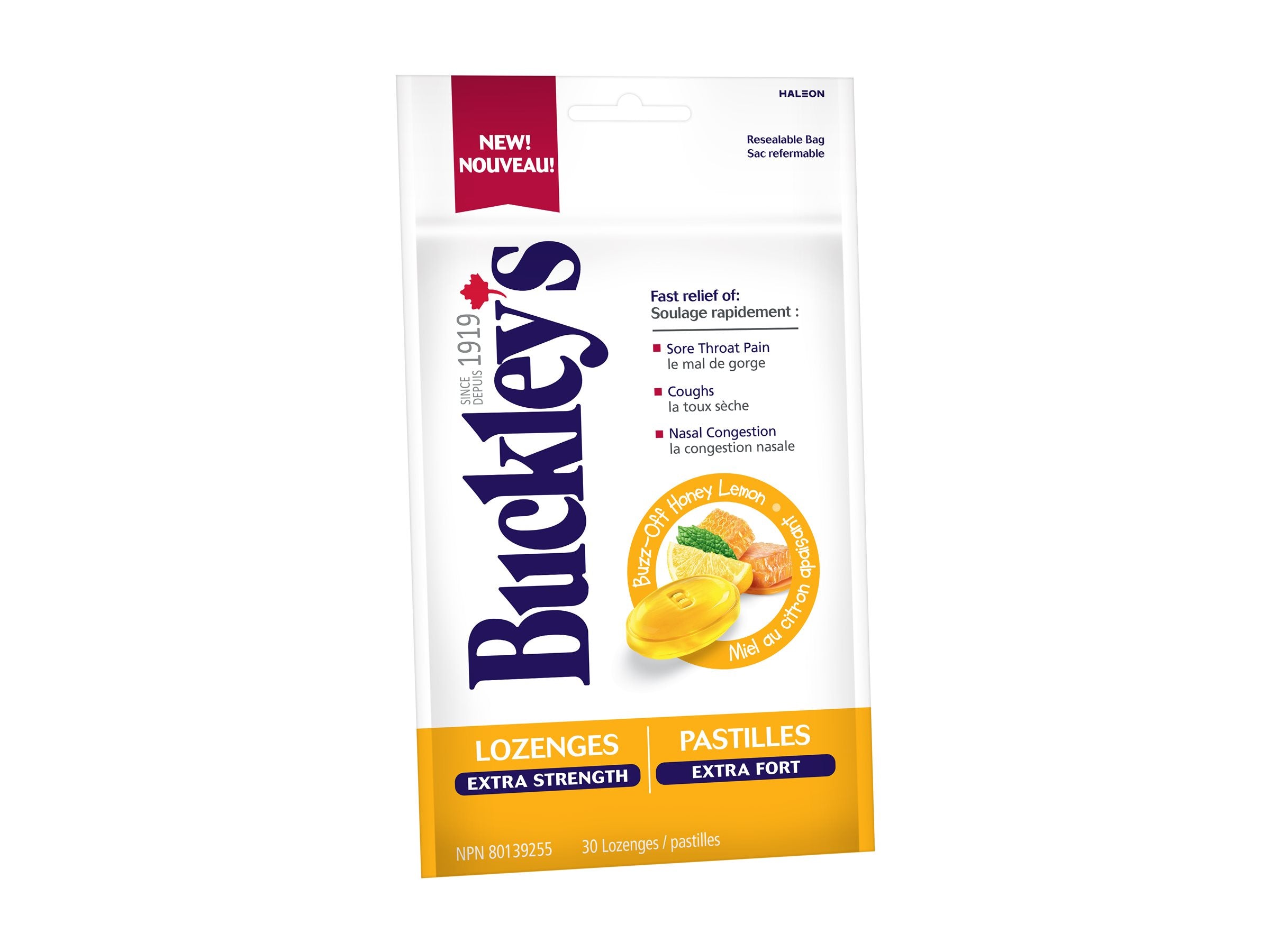 Buckley's lozenge package with lemon flavor on a white background