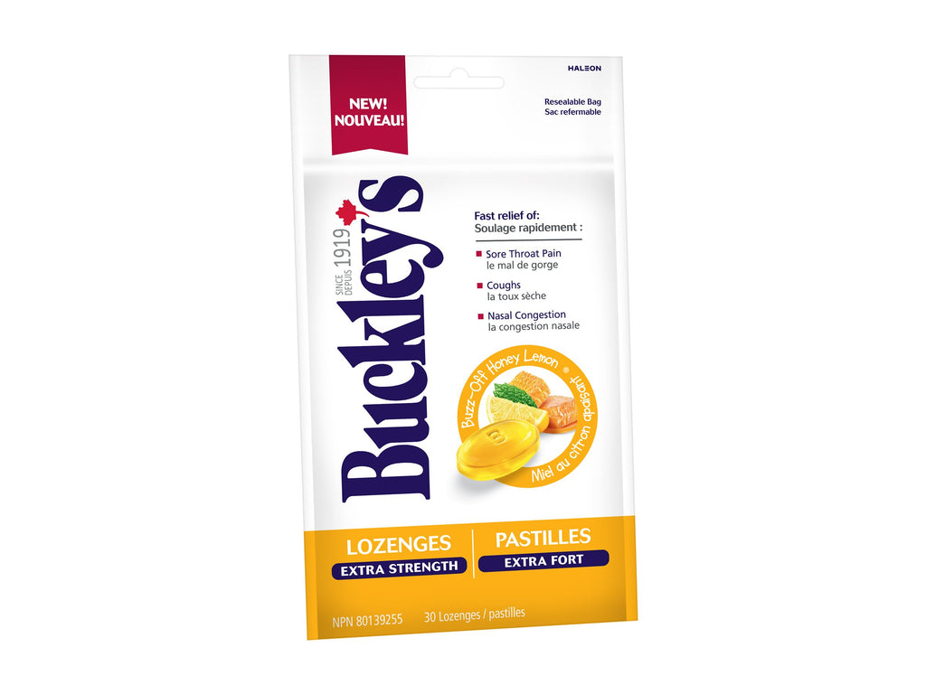 Buckley's lozenge package with lemon flavor on a white background