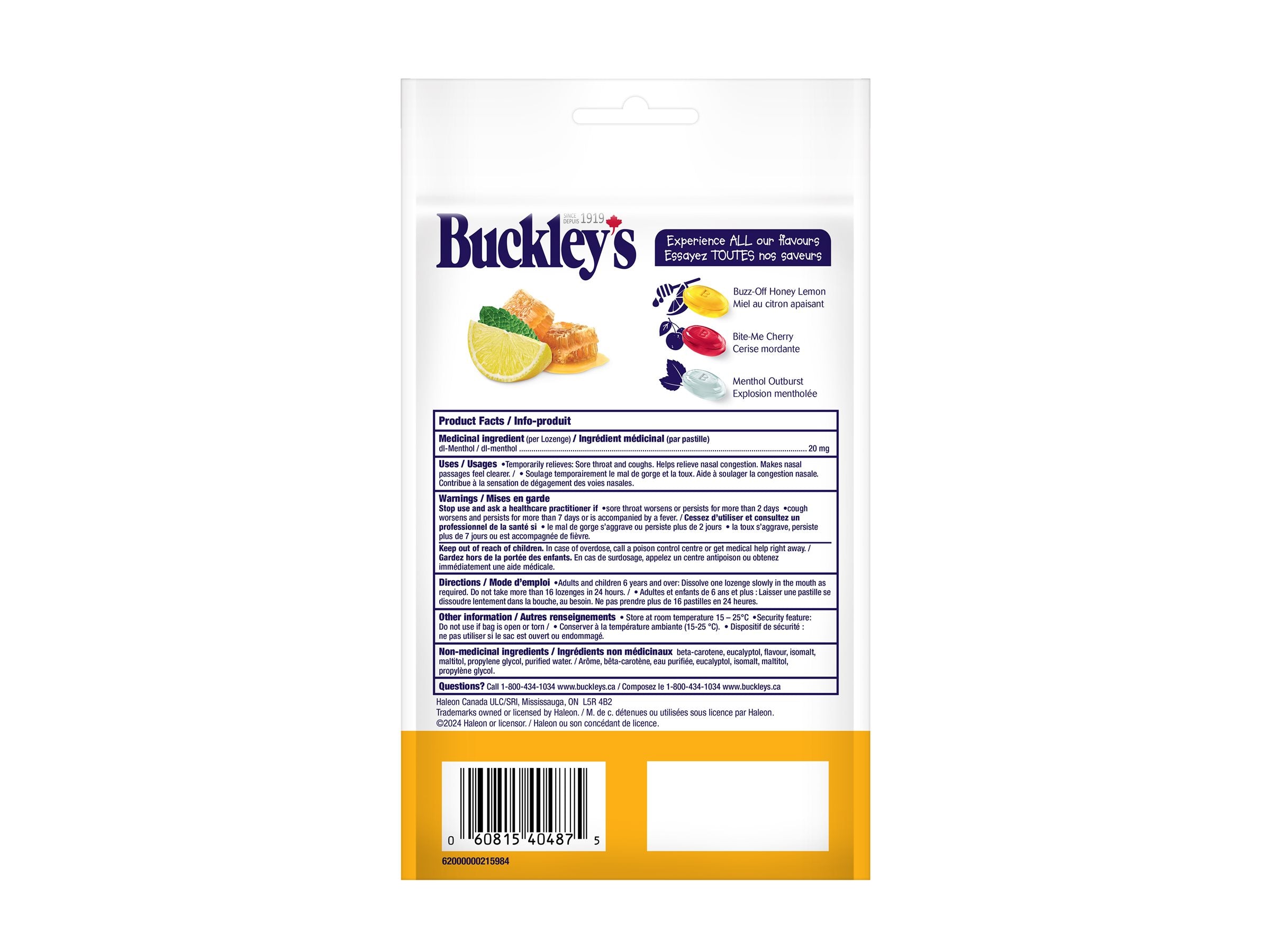 Buckley's fruit product packaging with label and bar code on a white background