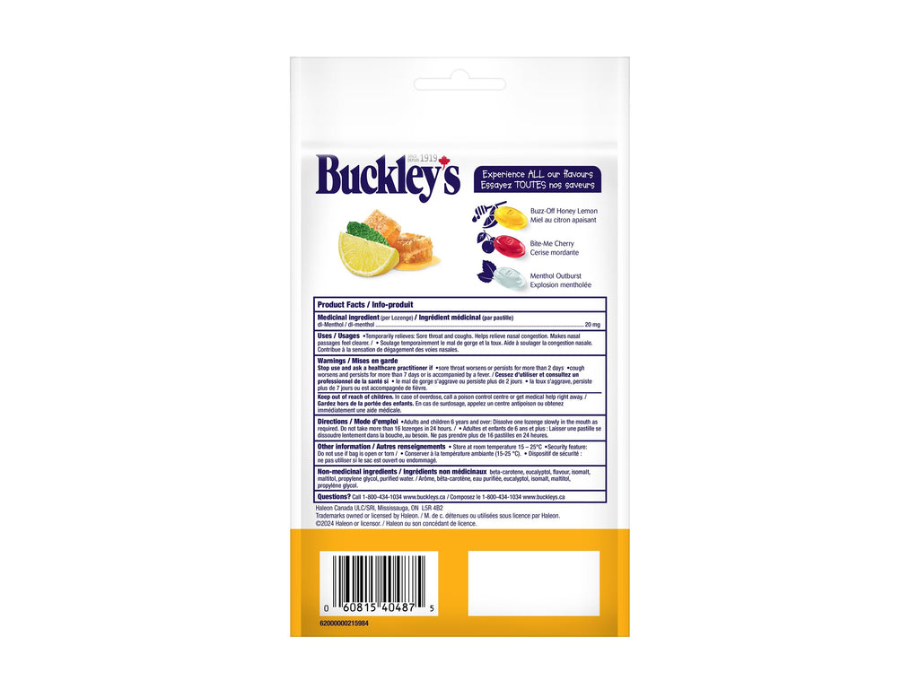Buckley's fruit product packaging with label and bar code on a white background