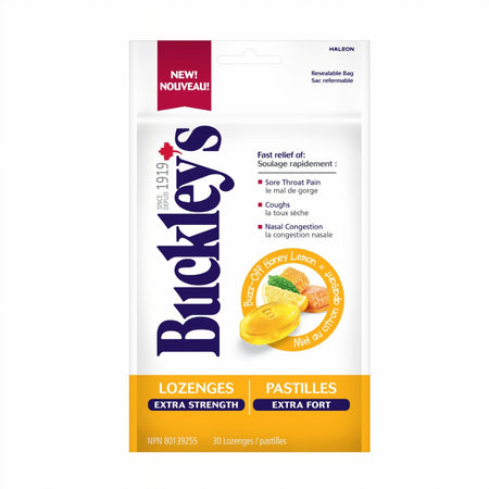 Buckley's lozenge package with lemon flavor on a white background
