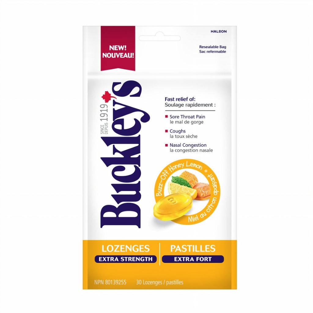 Buckley's lozenge package with lemon flavor on a white background