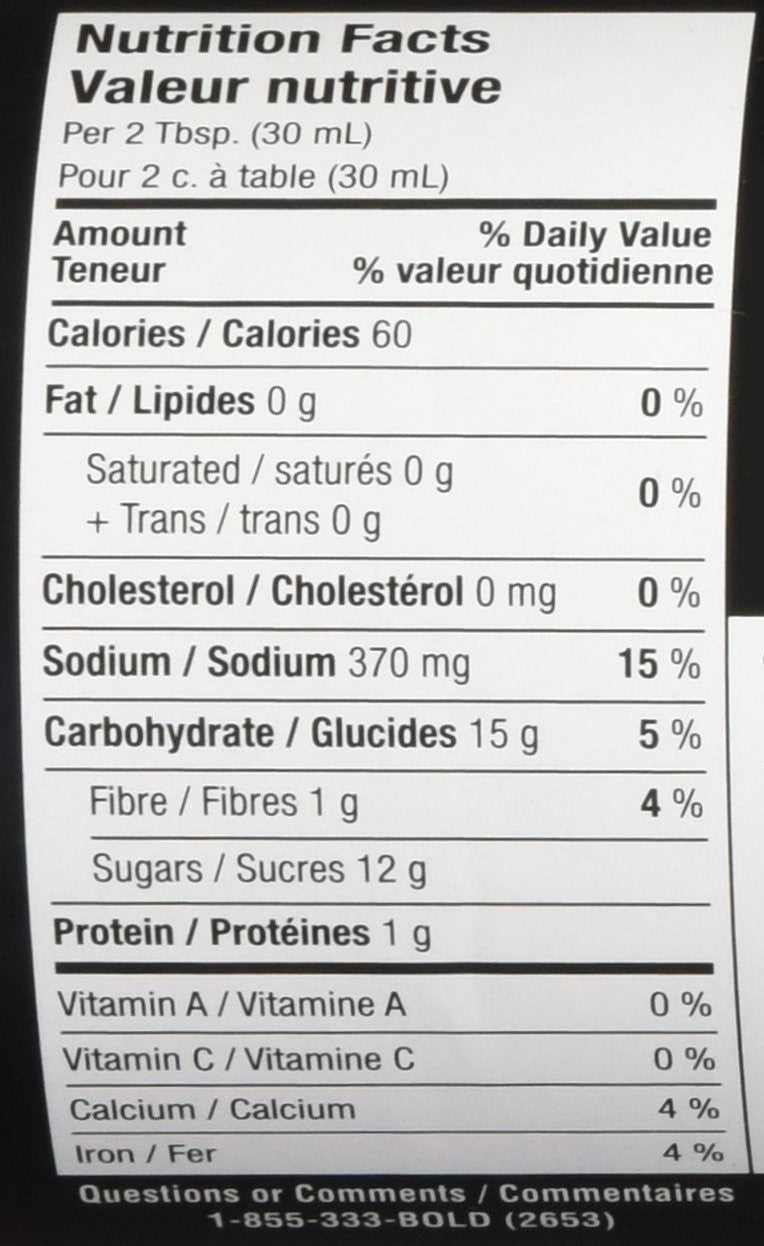 Bulls' Eye, Grilled Onion & Garlic Barbecue Sauce, 425ml/14 fl. oz. Bottle Nutrition Facts Label