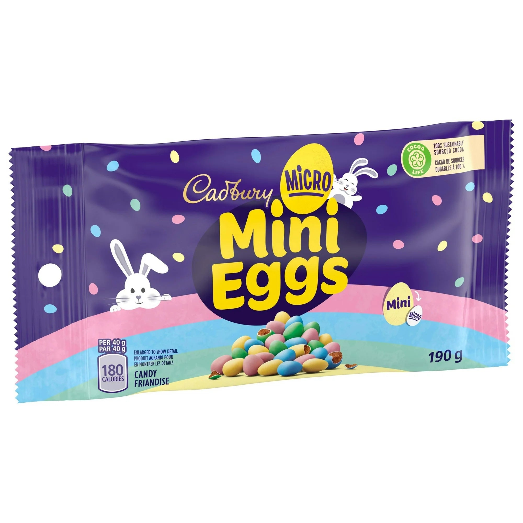 Cadbury Micro Mini Eggs 190g packaging with colorful eggs on a white background