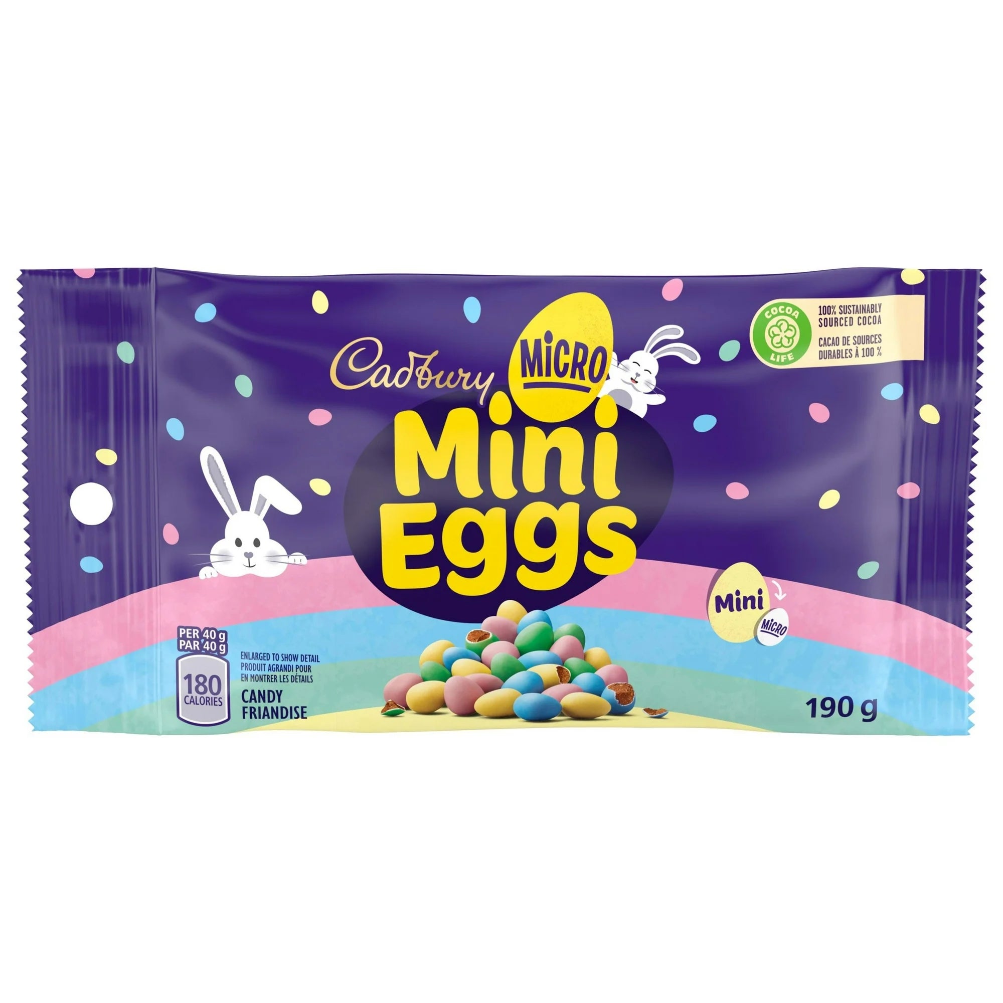 Cadbury Mini Eggs 190g packaging with colorful eggs on a white background